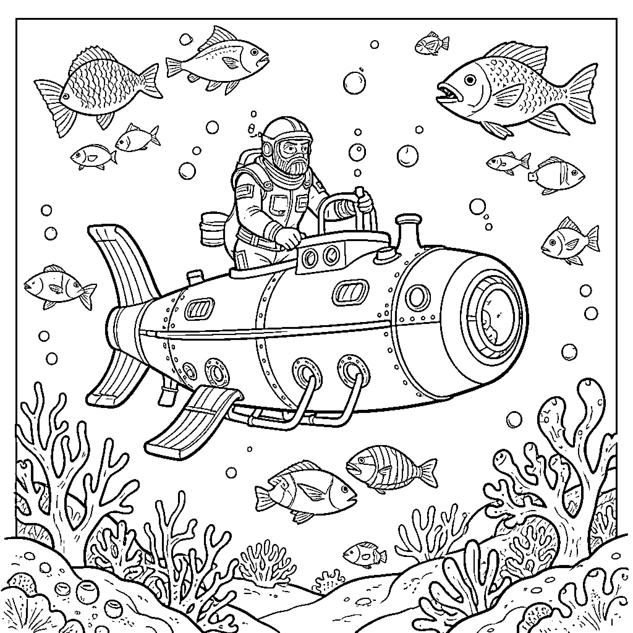 Captain Nemo piloting a submarine through the ocean Coloring Page (free black-and-white line drawing printable PDF for all, from beginners to advanced learners, including children, teens, adults, and seniors)
