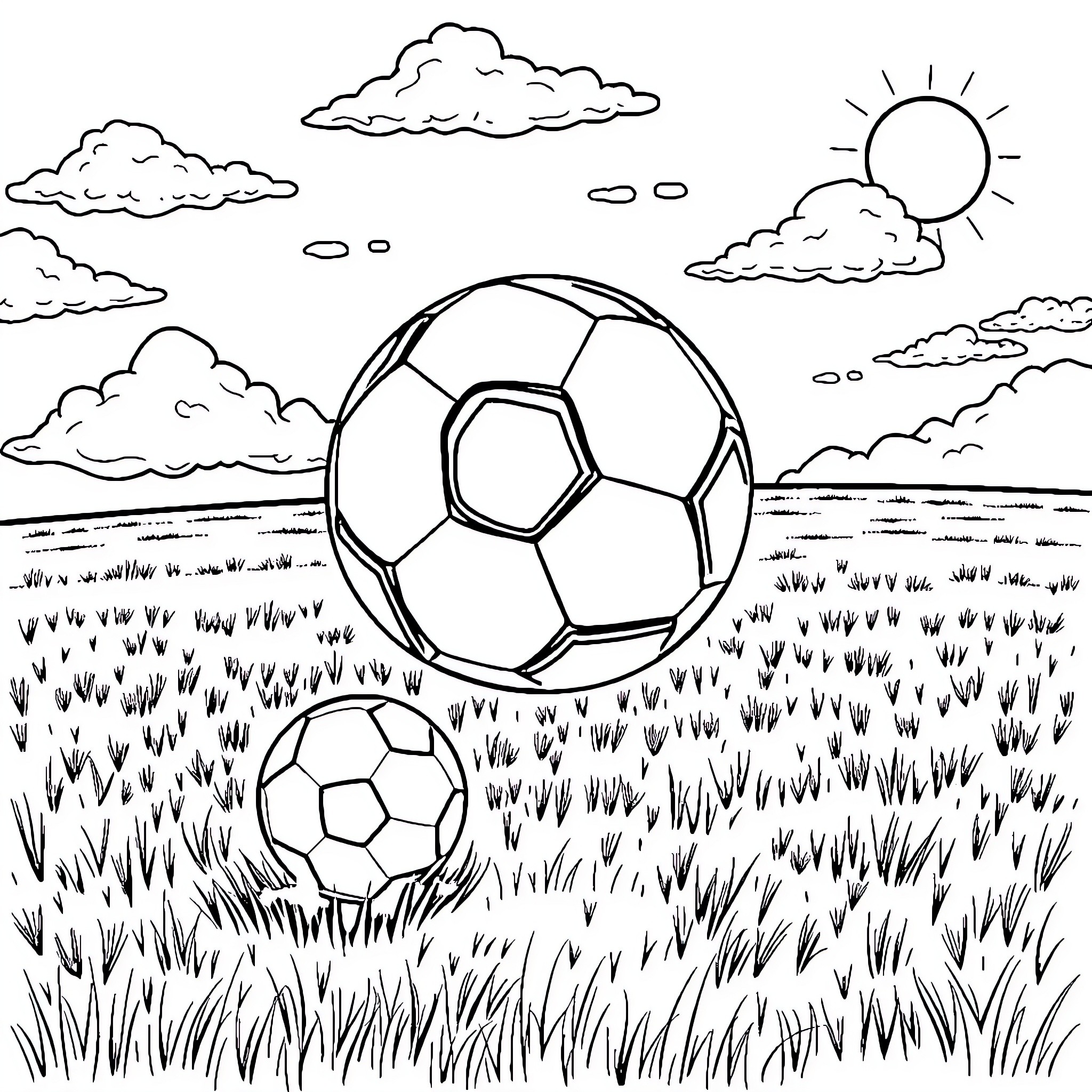 Asterisk Soccer Balls in Grassy Field under Cloudy Skies Coloring Page (free black-and-white line drawing printable PDF for all, from beginners to advanced learners, including children, teens, adults, and seniors)