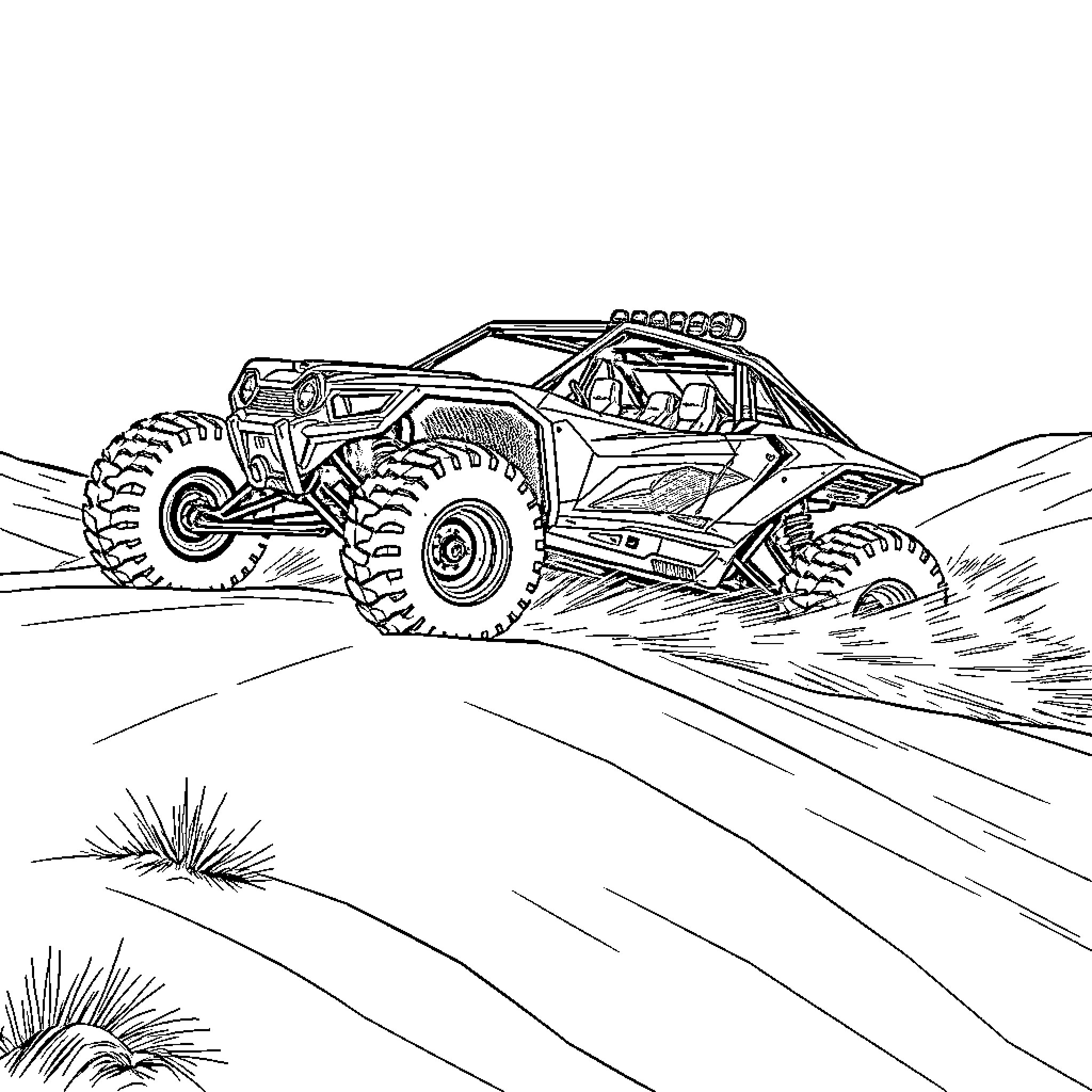 Dune Buggy speeding through the desert landscape Coloring Page (free black-and-white line drawing printable PDF for all, from beginners to advanced learners, including children, teens, adults, and seniors)