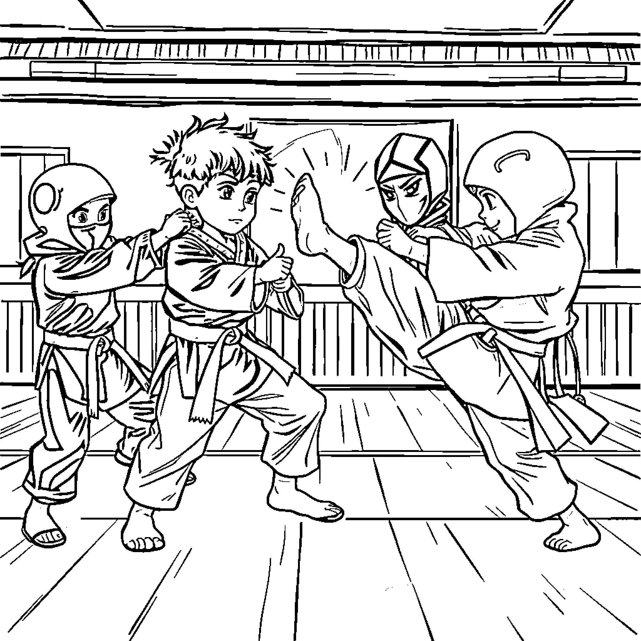 Kids Practicing Martial Arts in the Gym Coloring Page (free black-and-white line drawing printable PDF for all, from beginners to advanced learners, including children, teens, adults, and seniors)