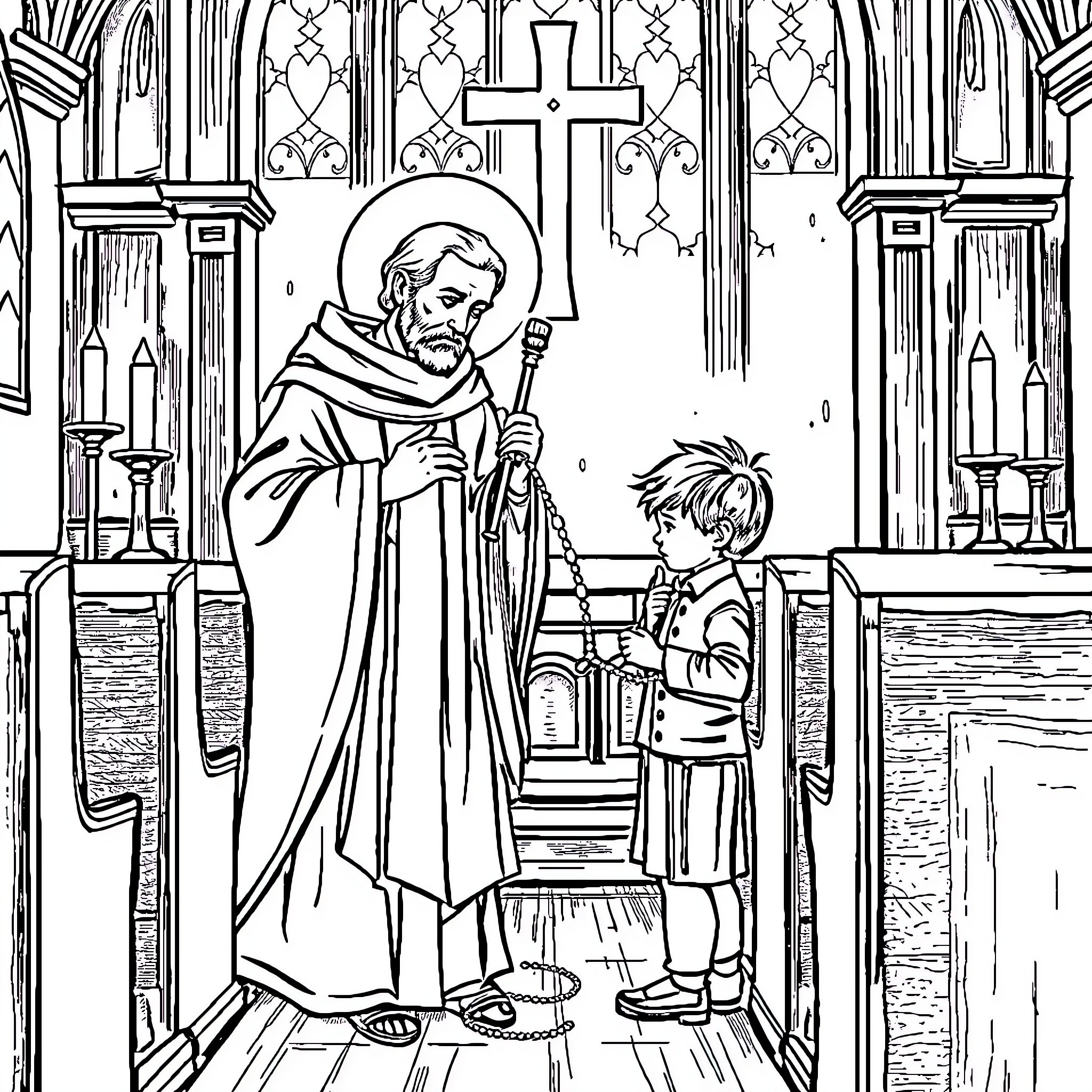 Saint Anthony blesses young boy in church Coloring Page (free black-and-white line drawing printable PDF for all, from beginners to advanced learners, including children, teens, adults, and seniors)