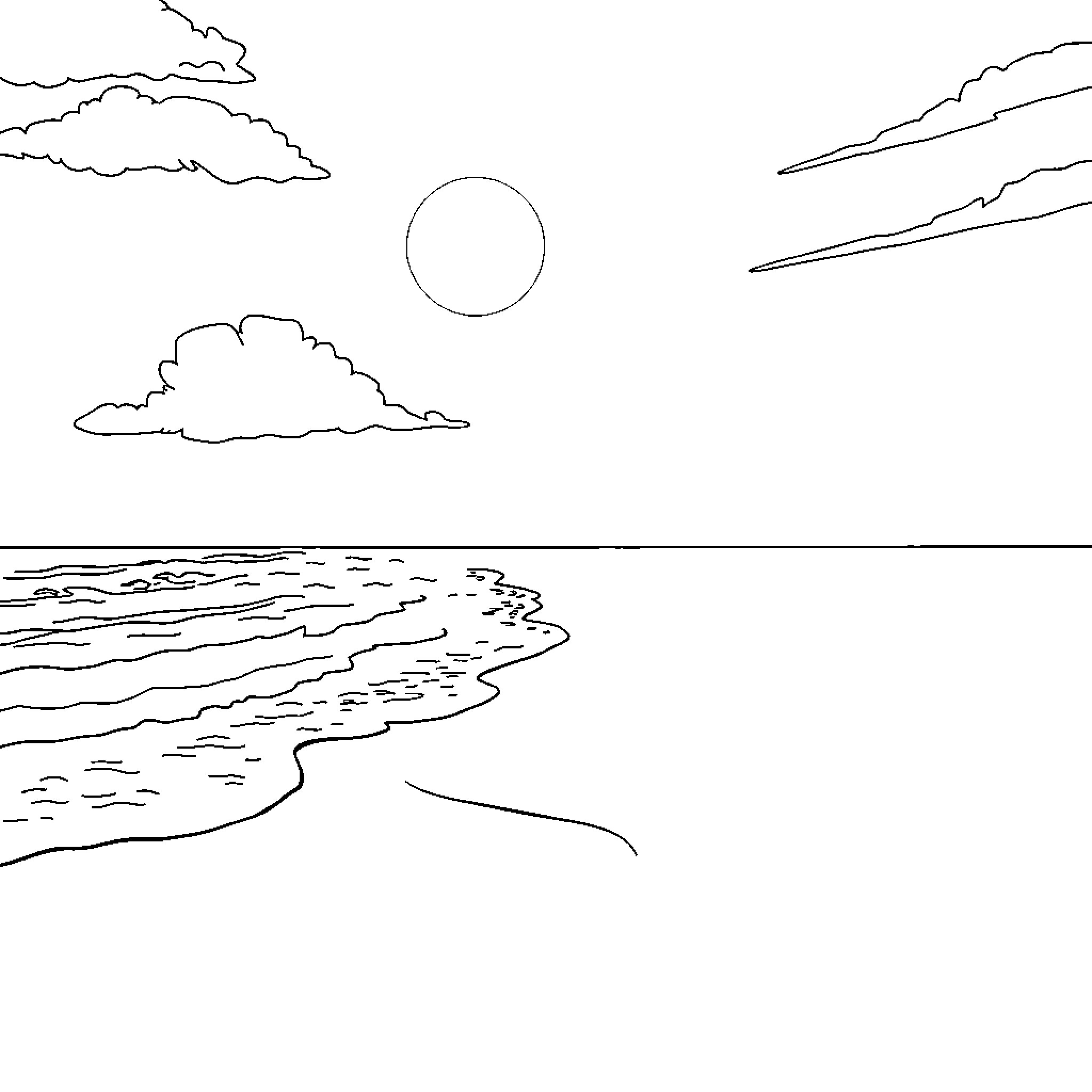 Beach with clouds and sun in the sky Coloring Page (free black-and-white line drawing printable PDF for all, from beginners to advanced learners, including children, teens, adults, and seniors)