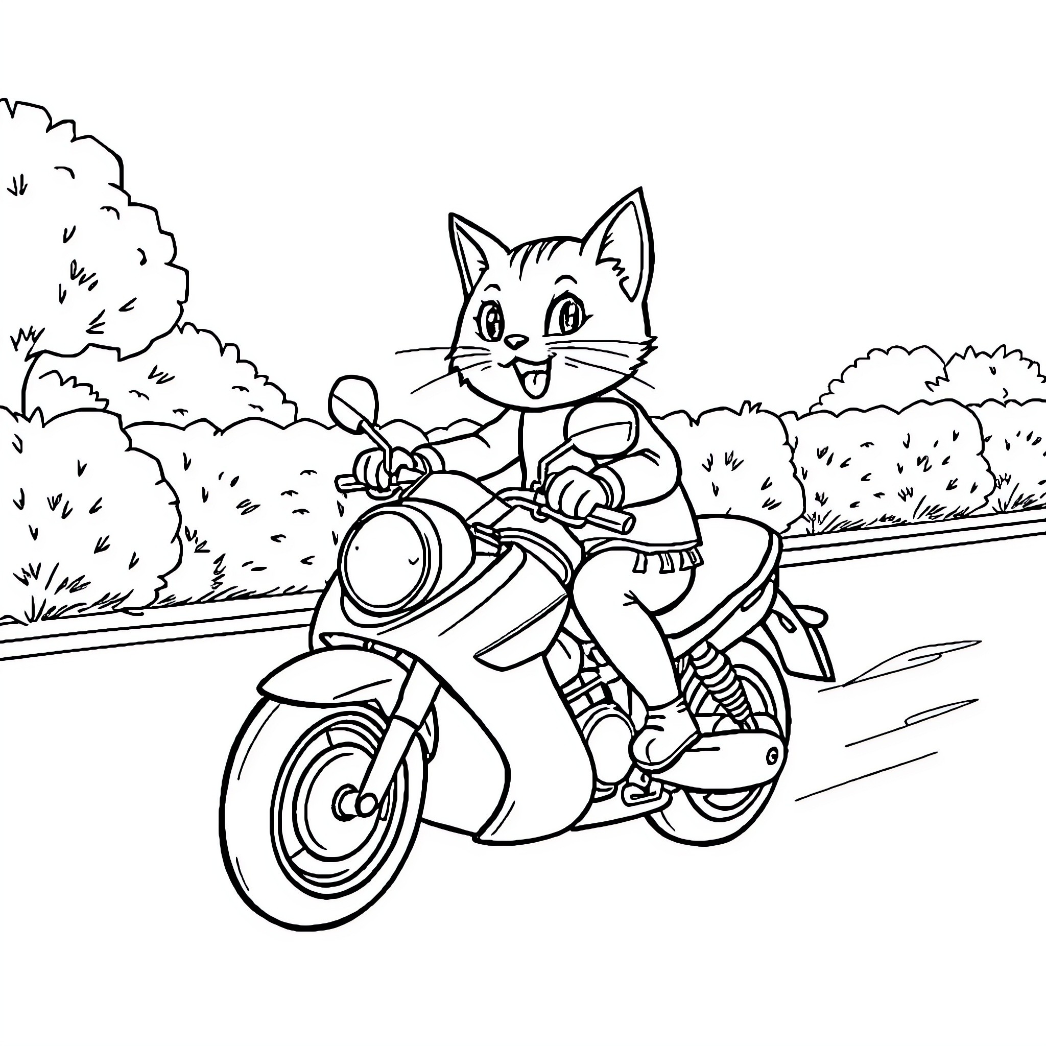 Cat riding a motorcycle in the countryside Coloring Page (free black-and-white line drawing printable PDF for all, from beginners to advanced learners, including children, teens, adults, and seniors)