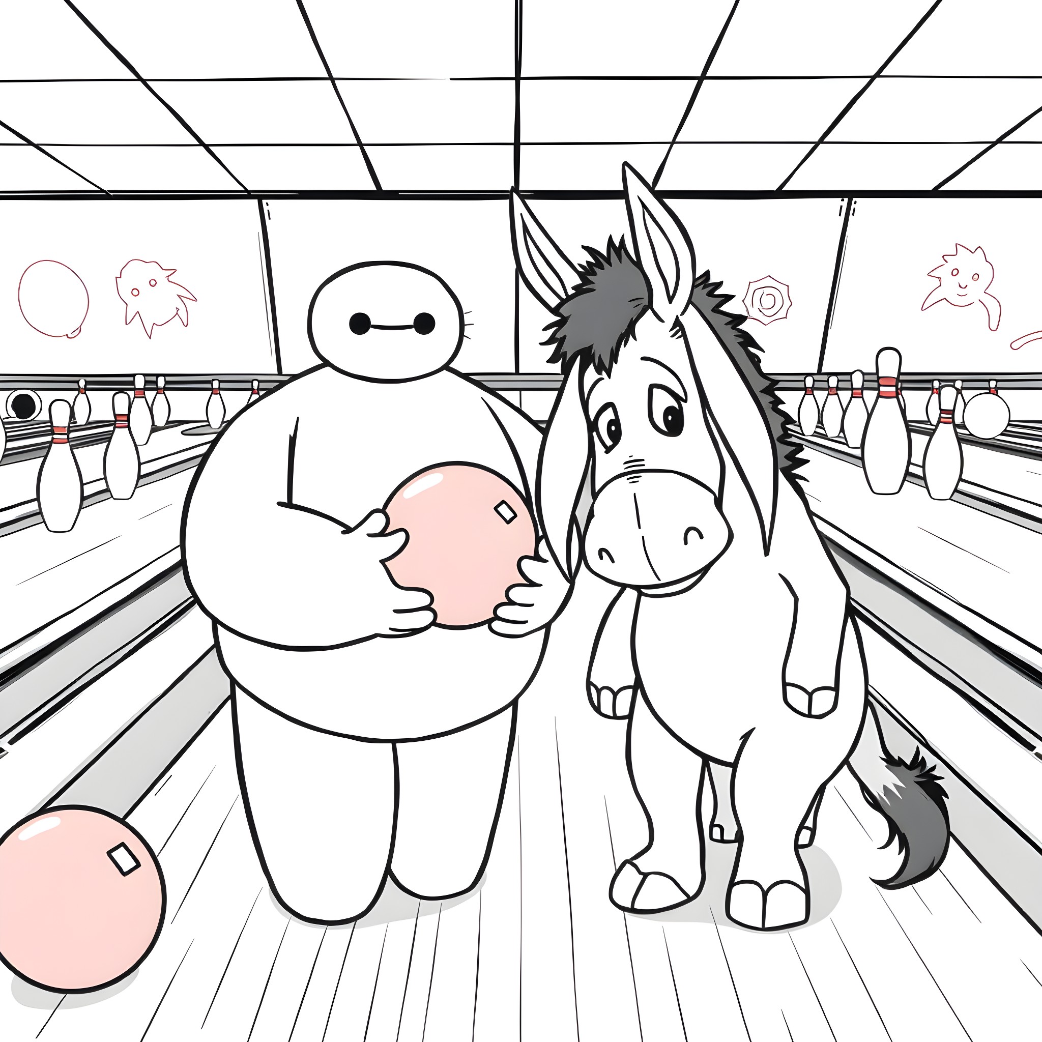 Baymax and horse in a bowling alley Coloring Page (free black-and-white line drawing printable PDF for all, from beginners to advanced learners, including children, teens, adults, and seniors)