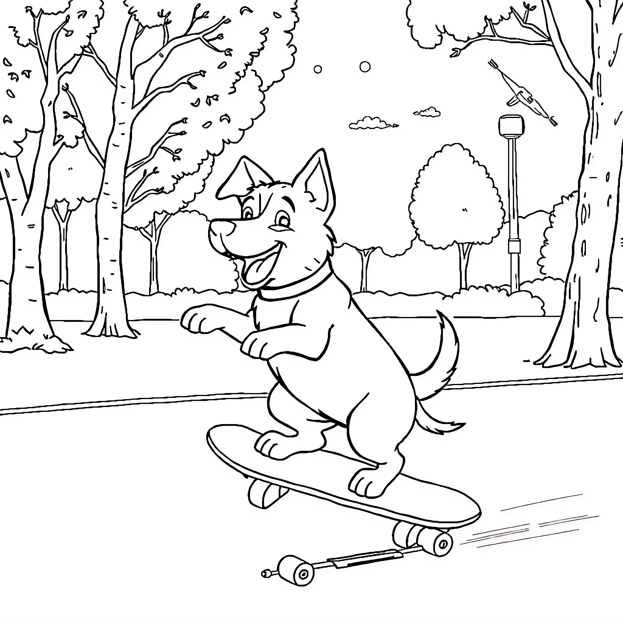 Dog riding skateboard in park Coloring Page (free black-and-white line drawing printable PDF for all, from beginners to advanced learners, including children, teens, adults, and seniors)