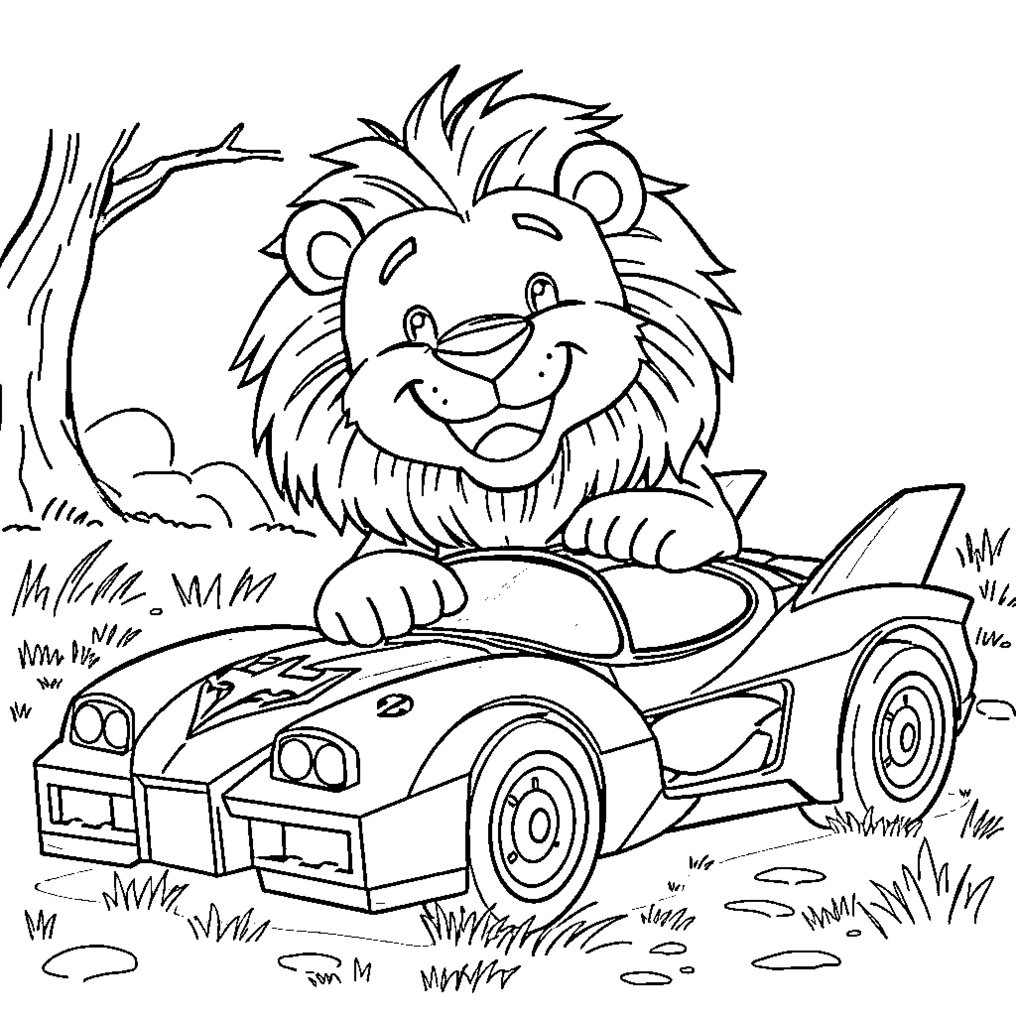 Lion driving a playful car in nature Coloring Page (free black-and-white line drawing printable PDF for all, from beginners to advanced learners, including children, teens, adults, and seniors)