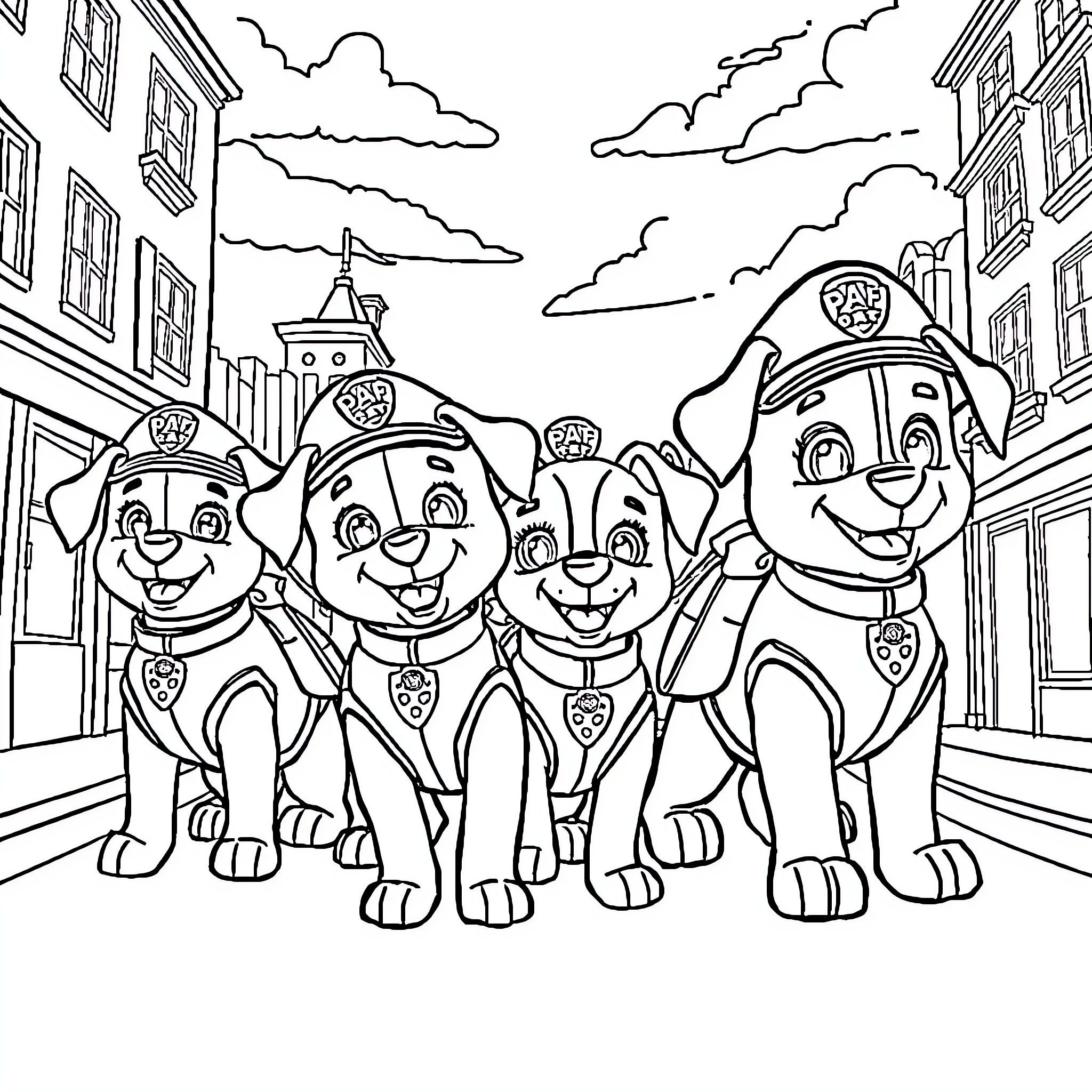 Paw Patrol Pups Exploring the City Streets Coloring Page (free black-and-white line drawing printable PDF for all, from beginners to advanced learners, including children, teens, adults, and seniors)