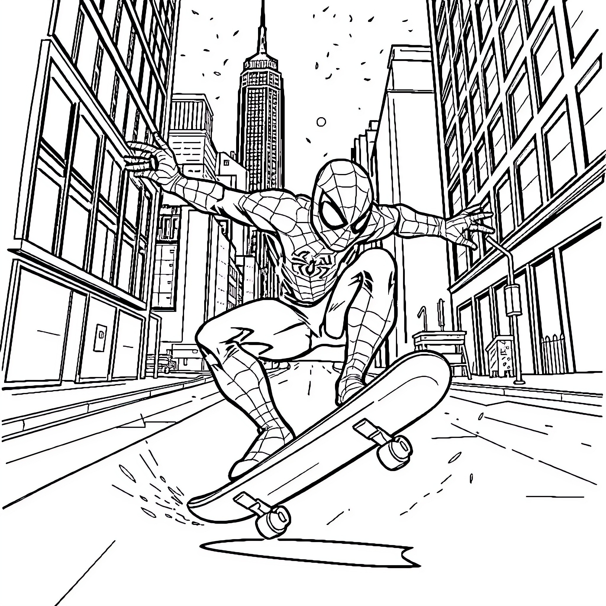 Spiderman swinging through the city on a skateboard Coloring Page (free black-and-white line drawing printable PDF for all, from beginners to advanced learners, including children, teens, adults, and seniors)