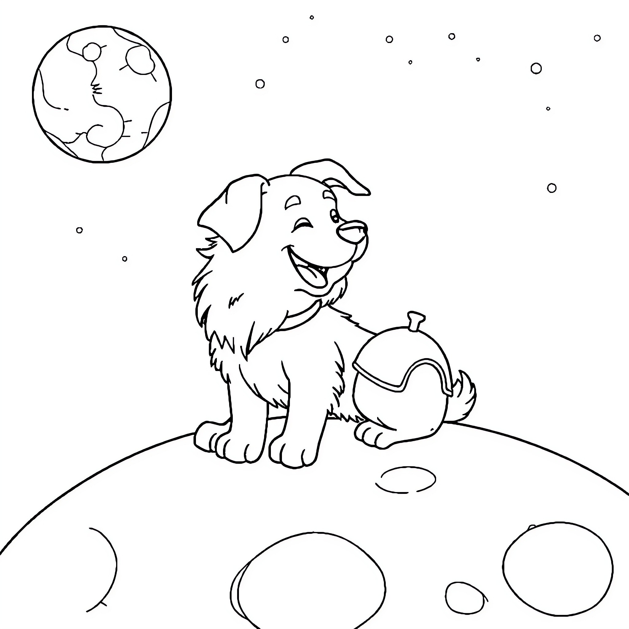 Dog with a toy in a cosmic landscape Coloring Page (free black-and-white line drawing printable PDF for all, from beginners to advanced learners, including children, teens, adults, and seniors)