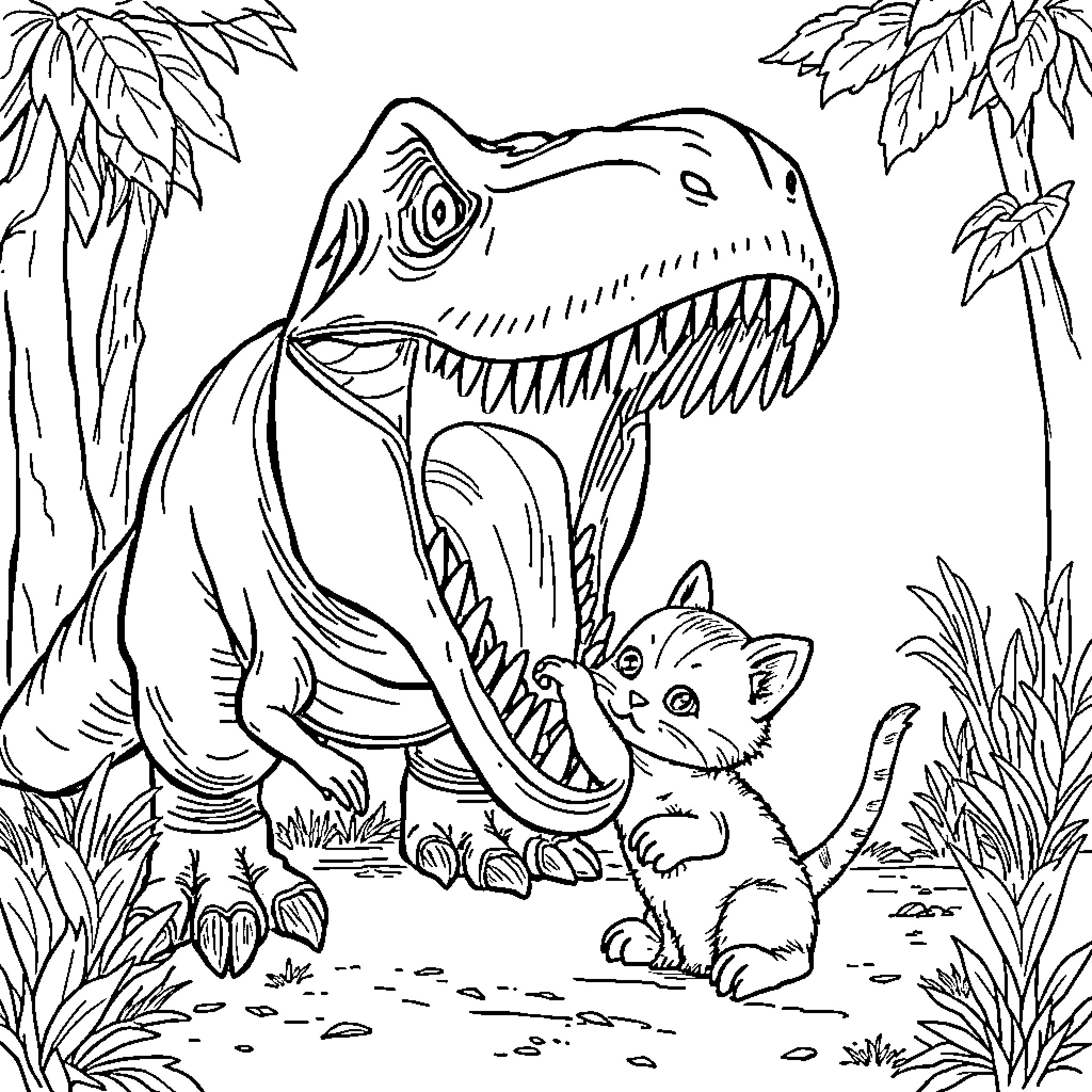 T-Rex encounters curious kitten in the jungle Coloring Page (free black-and-white line drawing printable PDF for all, from beginners to advanced learners, including children, teens, adults, and seniors)