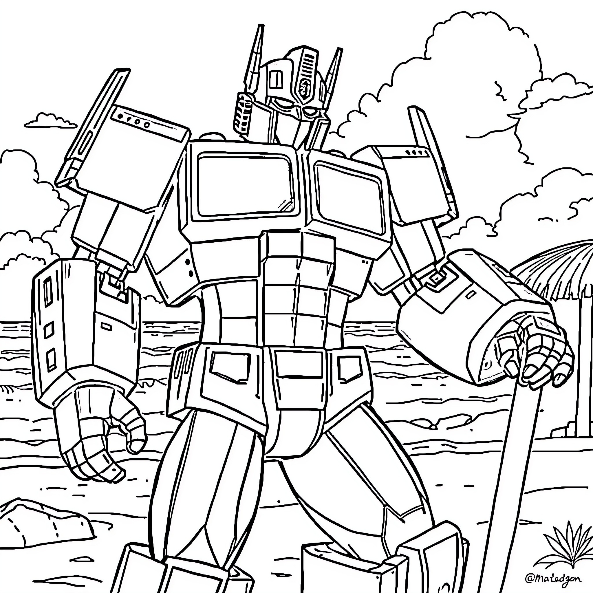 Optimus Prime Transforming in Dramatic Landscape Coloring Page (free black-and-white line drawing printable PDF for all, from beginners to advanced learners, including children, teens, adults, and seniors)