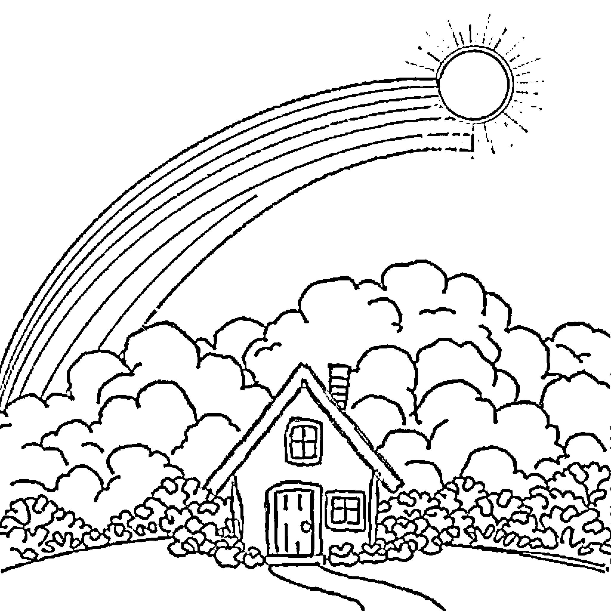 House with Rainbow and Clouds Coloring Page (free black-and-white line drawing printable PDF for all, from beginners to advanced learners, including children, teens, adults, and seniors)