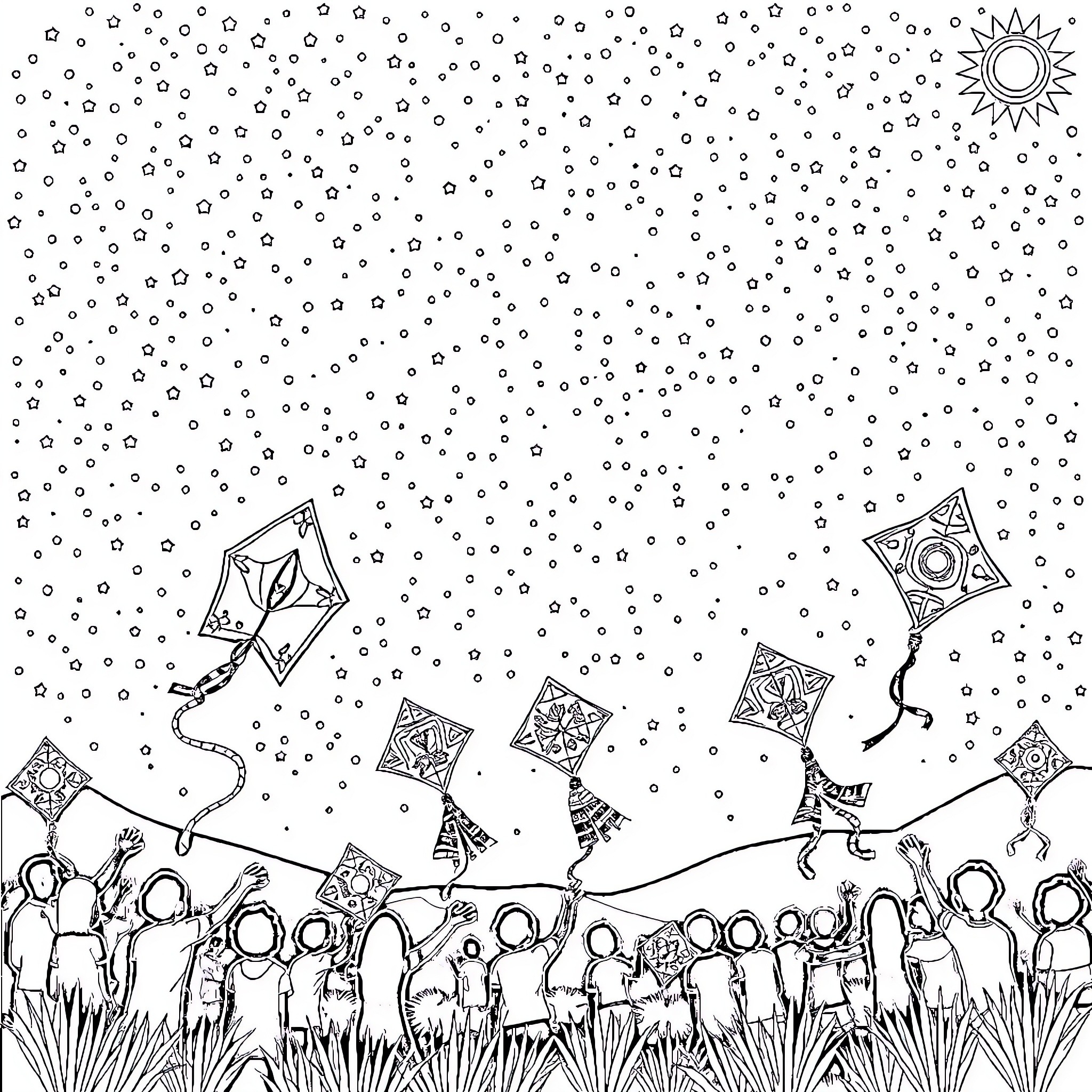 Star-Filled Sky and Kites Soaring Above a Crowd Coloring Page (free black-and-white line drawing printable PDF for all, from beginners to advanced learners, including children, teens, adults, and seniors)