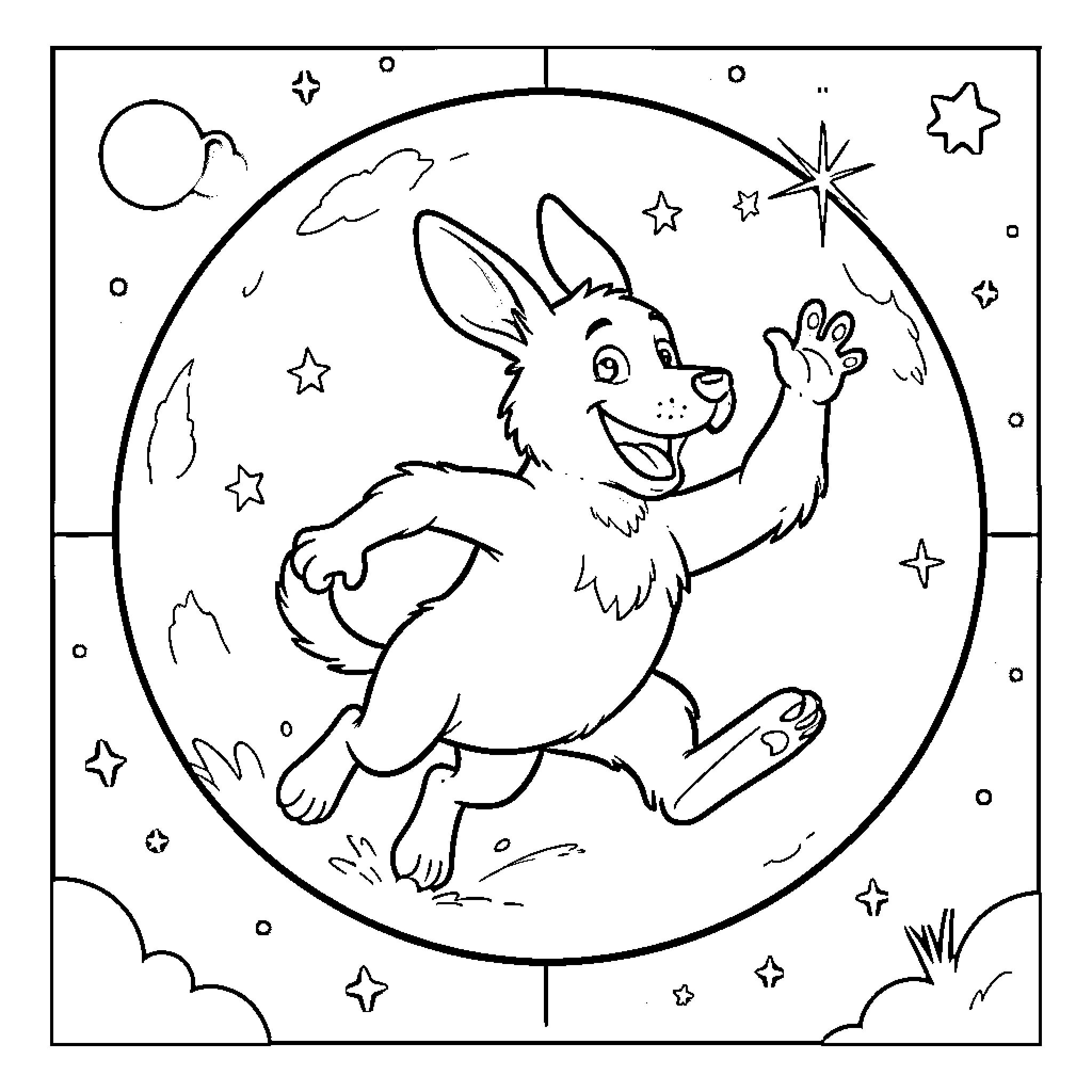 Dog jumping happily under the starry night sky Coloring Page (free black-and-white line drawing printable PDF for all, from beginners to advanced learners, including children, teens, adults, and seniors)