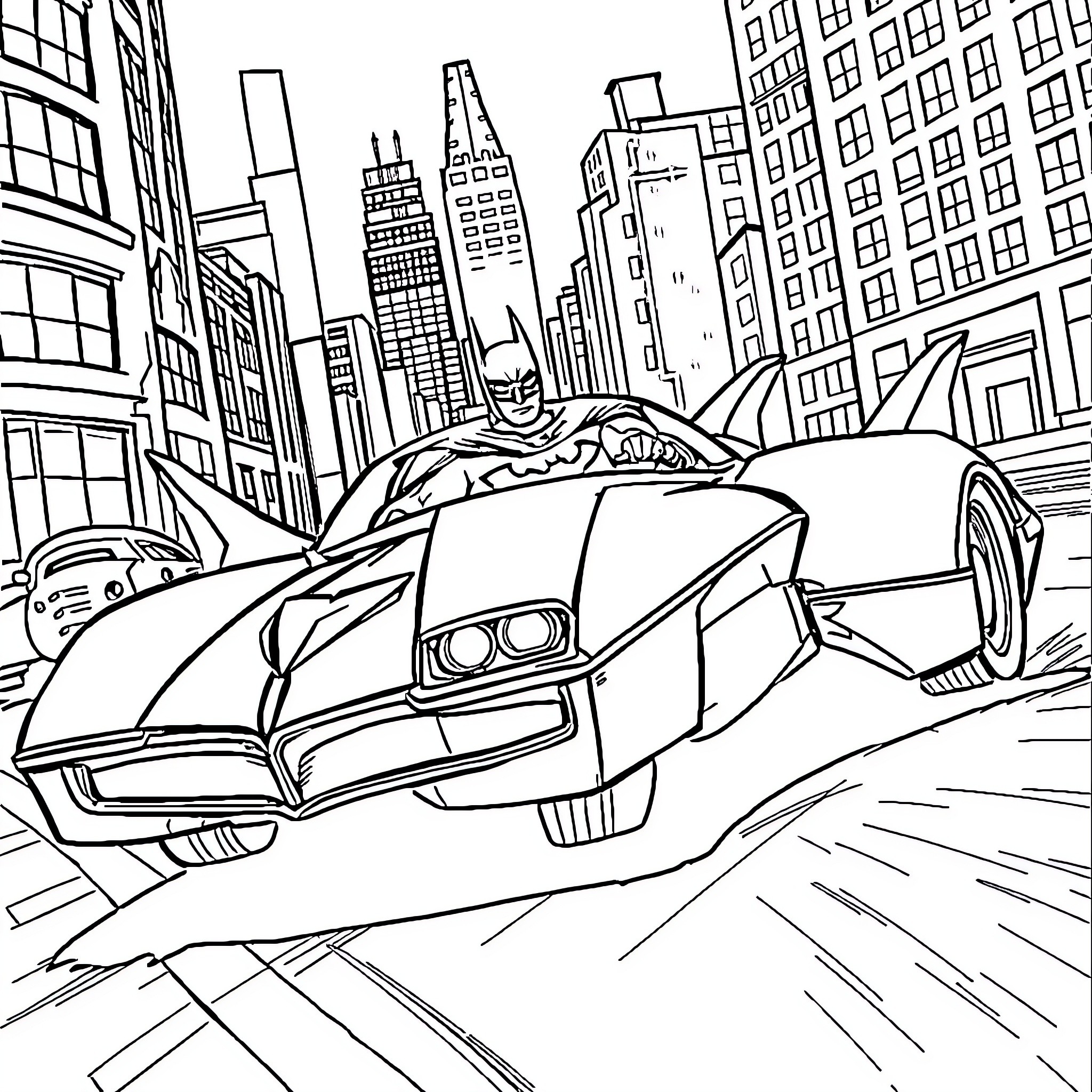 Batman Car racing through the city streets Coloring Page (free black-and-white line drawing printable PDF for all, from beginners to advanced learners, including children, teens, adults, and seniors)