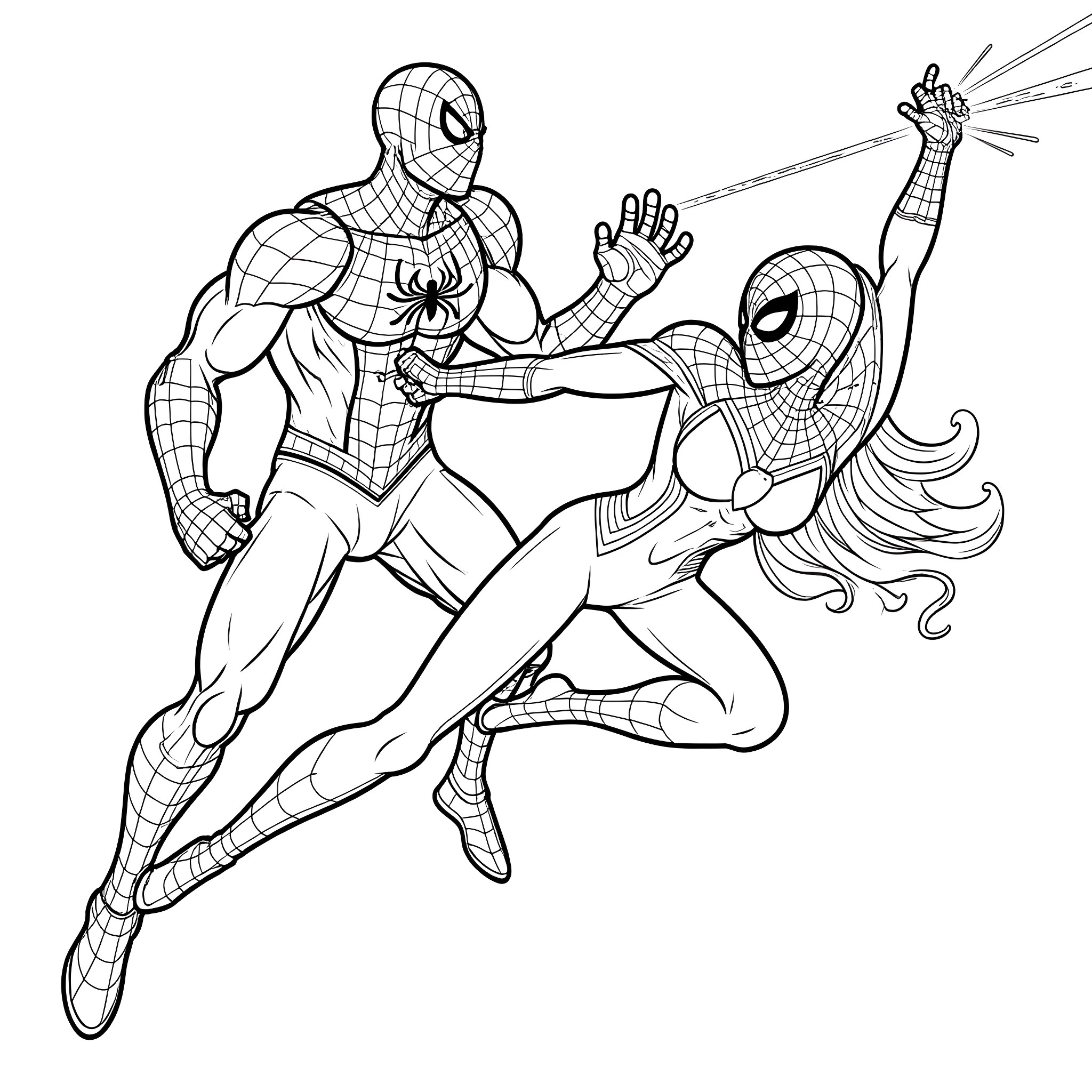 Spider-Man duo in action-packed adventure Coloring Page (free black-and-white line drawing printable PDF for all, from beginners to advanced learners, including children, teens, adults, and seniors)
