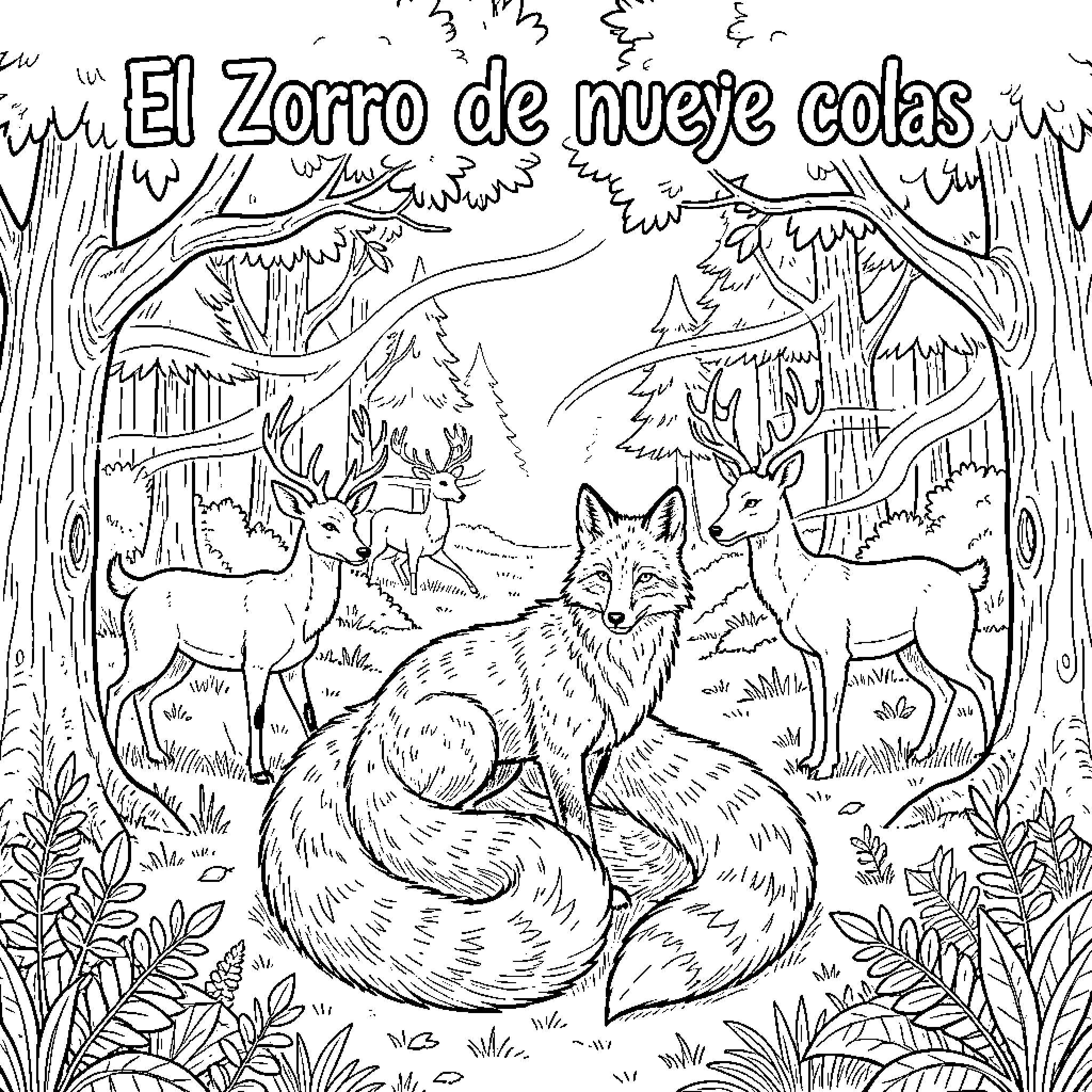 Zorro sitting peacefully among deer in the forest Coloring Page (free black-and-white line drawing printable PDF for all, from beginners to advanced learners, including children, teens, adults, and seniors)