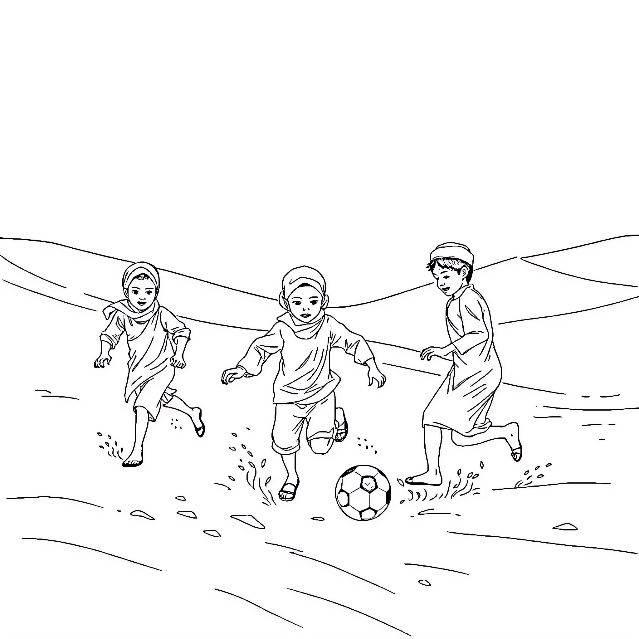Children playing joyfully with soccer ball in field Coloring Page (free black-and-white line drawing printable PDF for all, from beginners to advanced learners, including children, teens, adults, and seniors)