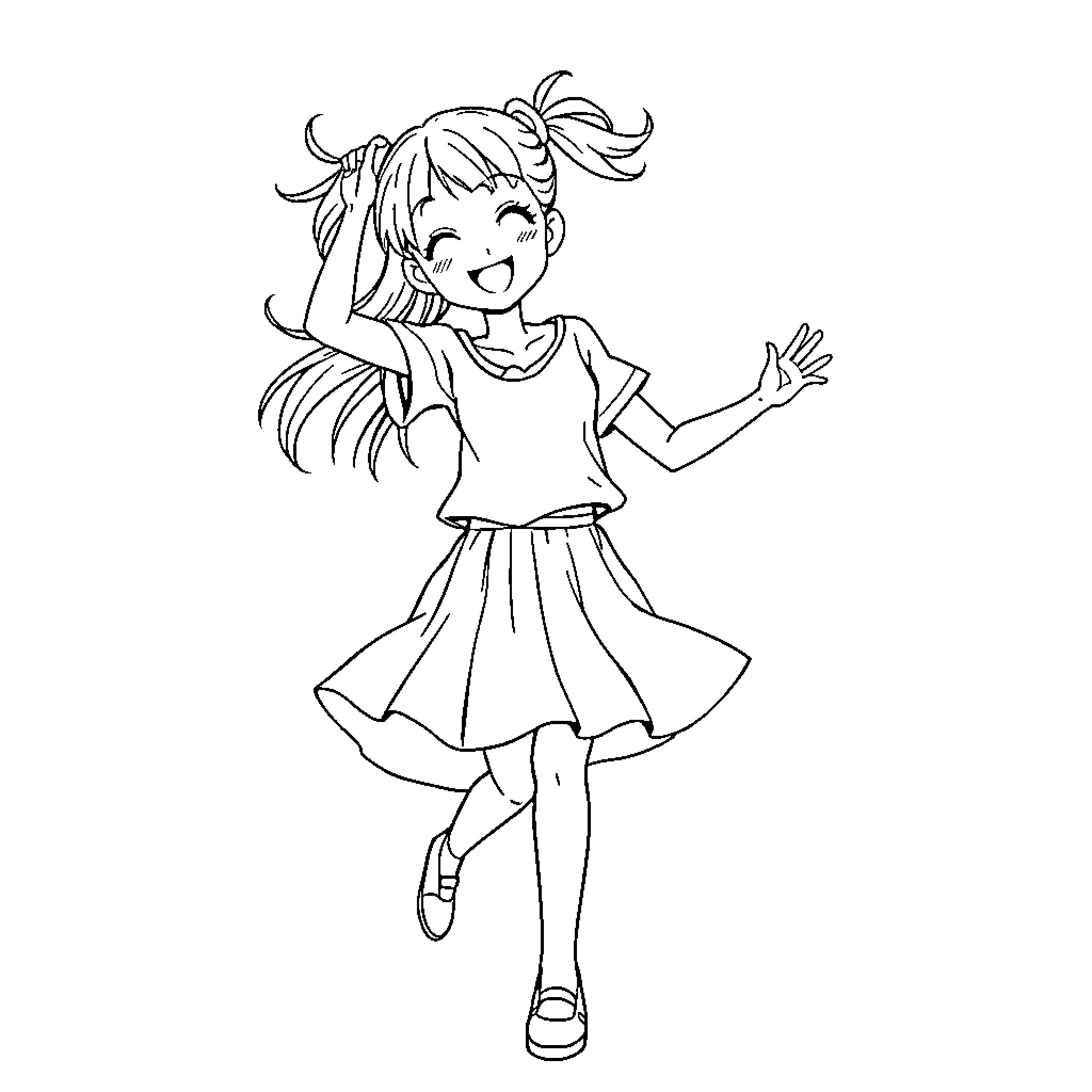Anime Teen Happily Dancing with Joy Coloring Page (free black-and-white line drawing printable PDF for all, from beginners to advanced learners, including children, teens, adults, and seniors)