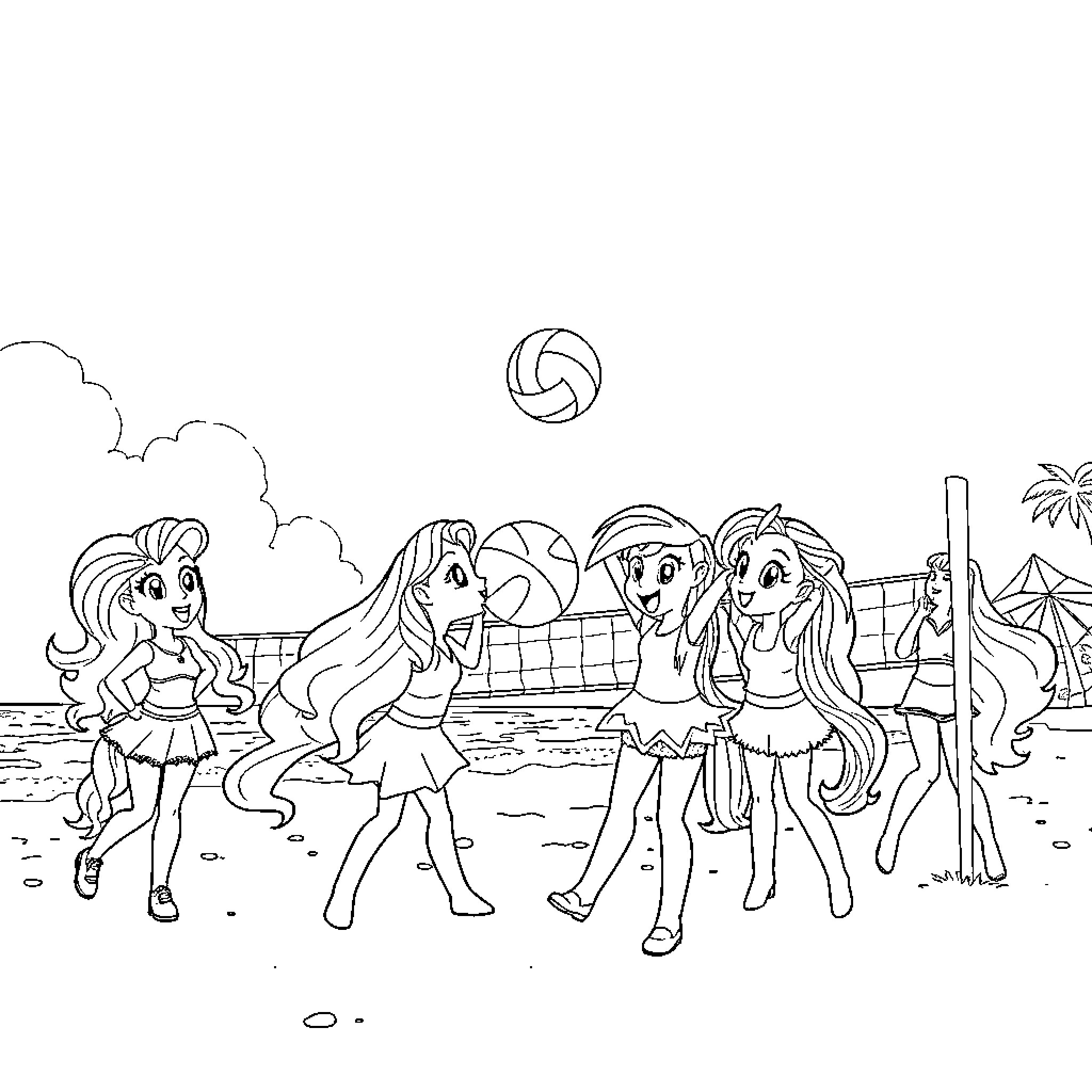 Equestria Girls enjoying a beach volleyball game Coloring Page (free black-and-white line drawing printable PDF for all, from beginners to advanced learners, including children, teens, adults, and seniors)
