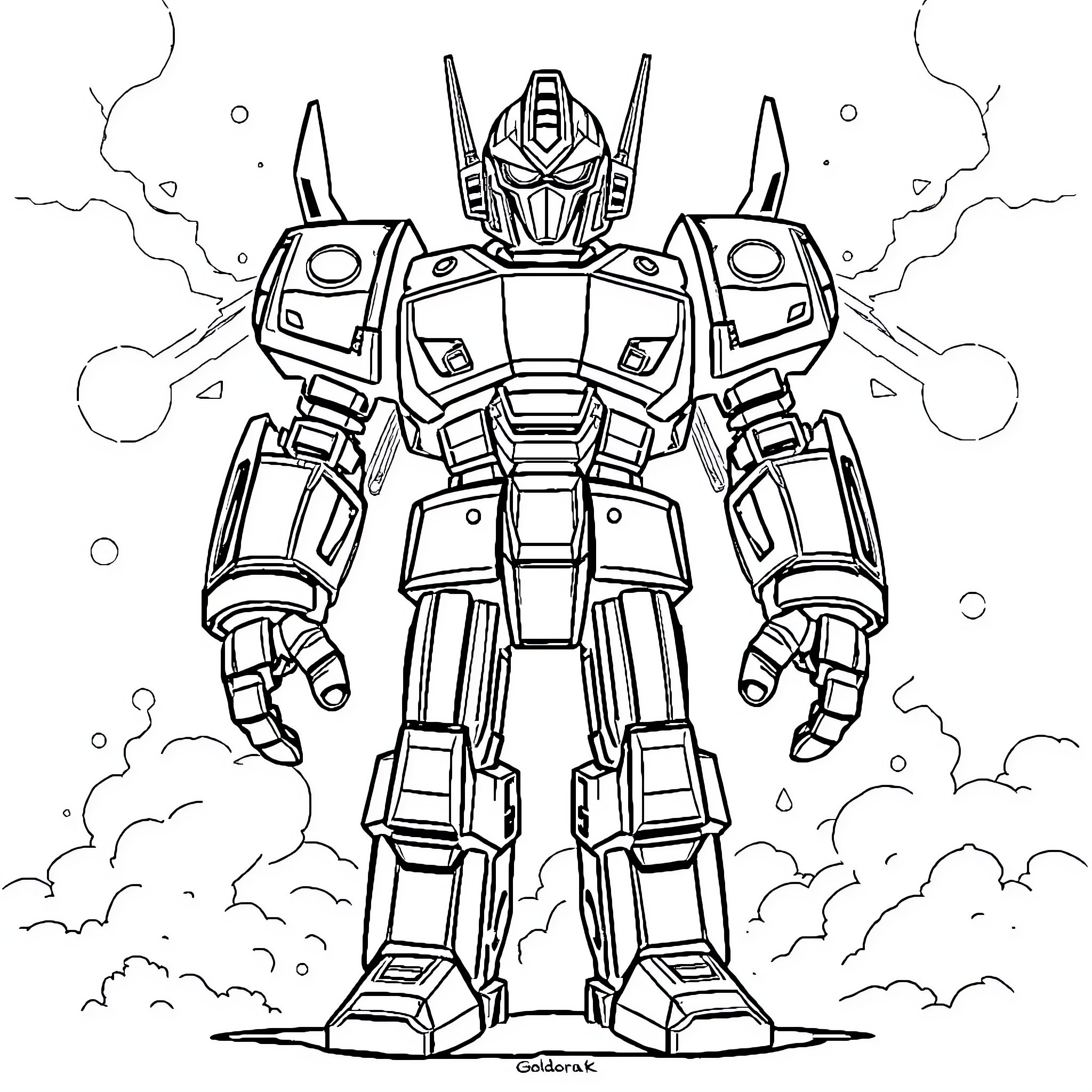 Goldorak's Powerful Mech in Action Coloring Page (free black-and-white line drawing printable PDF for all, from beginners to advanced learners, including children, teens, adults, and seniors)