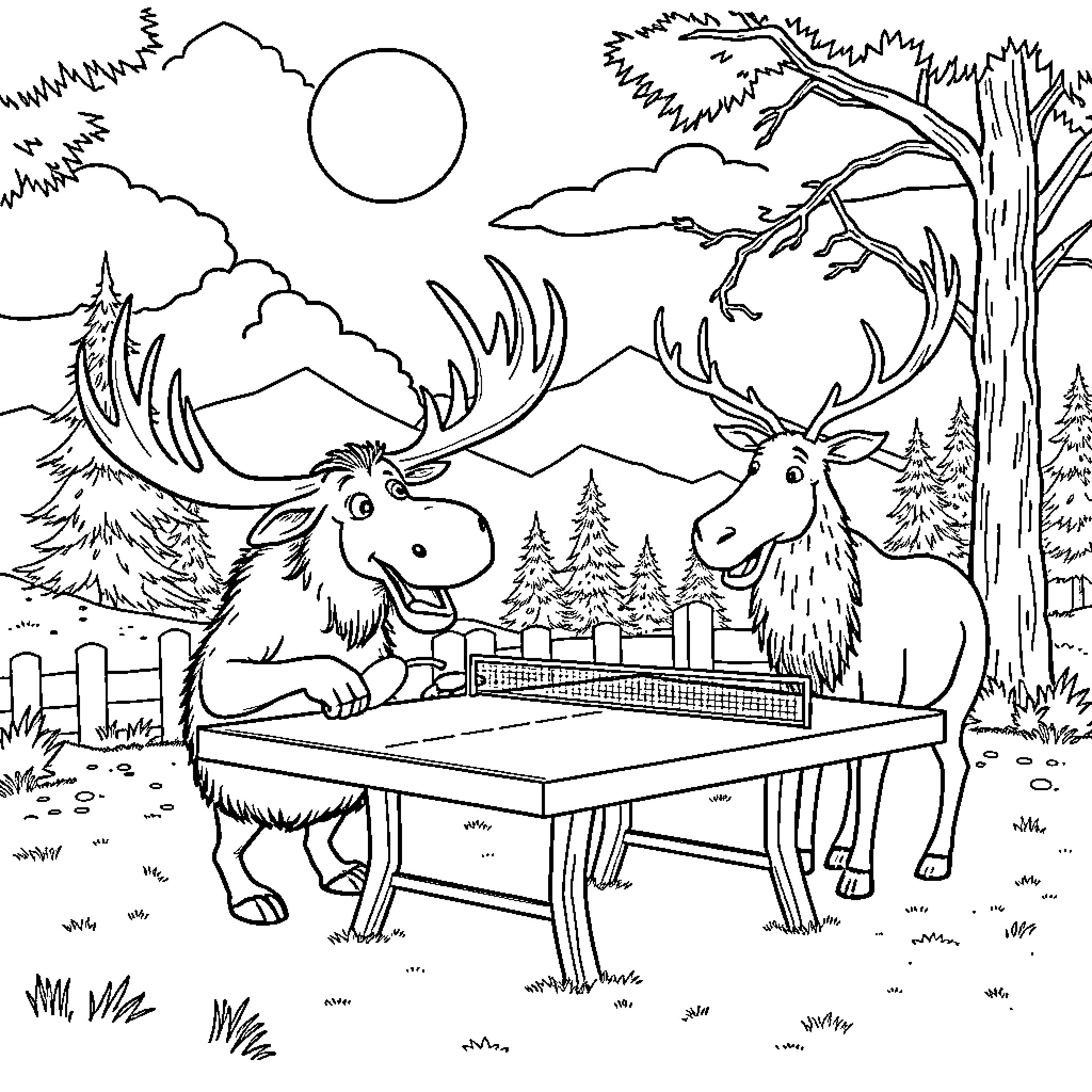 Moose playing on a wooden table outdoors Coloring Page (free black-and-white line drawing printable PDF for all, from beginners to advanced learners, including children, teens, adults, and seniors)