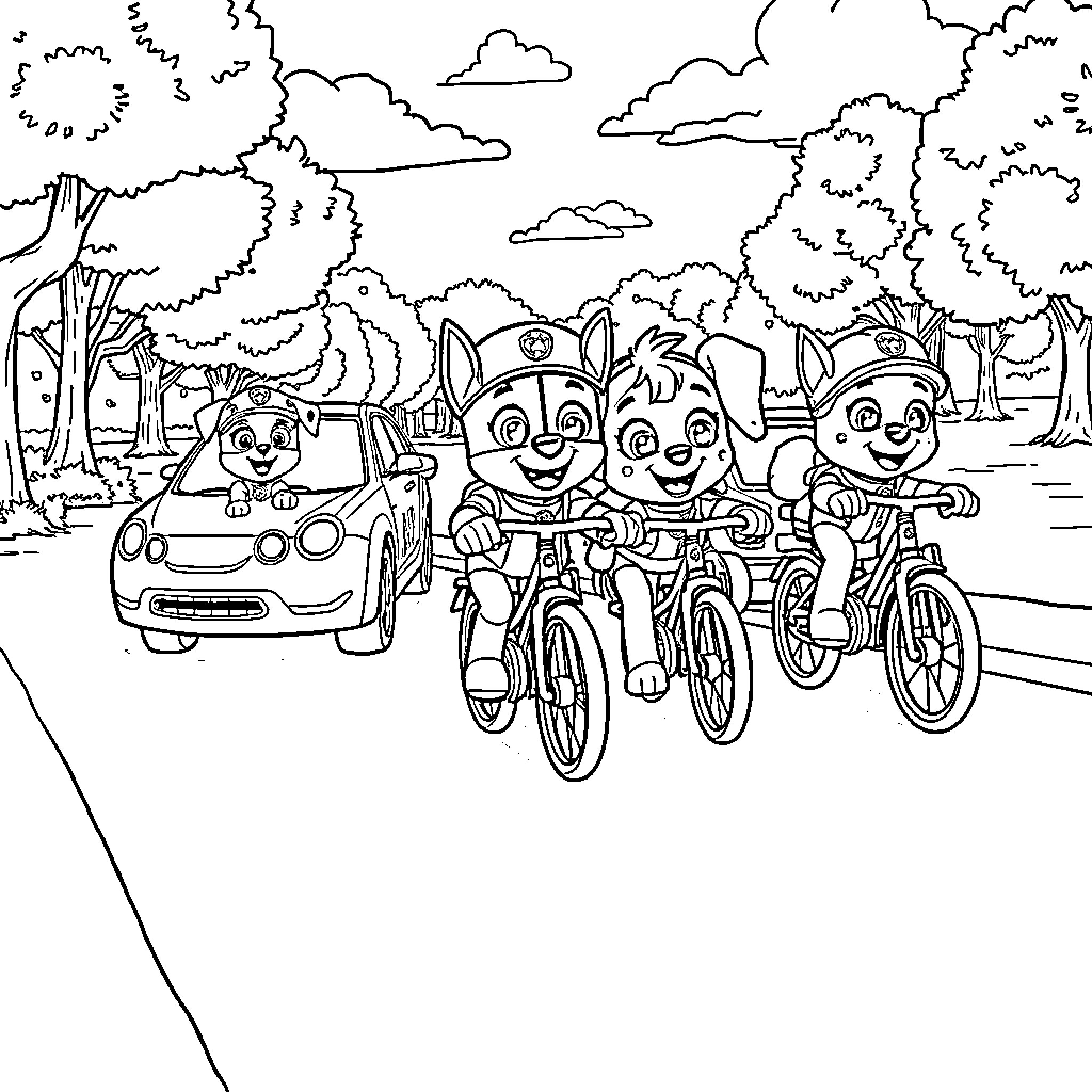 Paw Patrol characters on a bike ride in the park Coloring Page (free black-and-white line drawing printable PDF for all, from beginners to advanced learners, including children, teens, adults, and seniors)