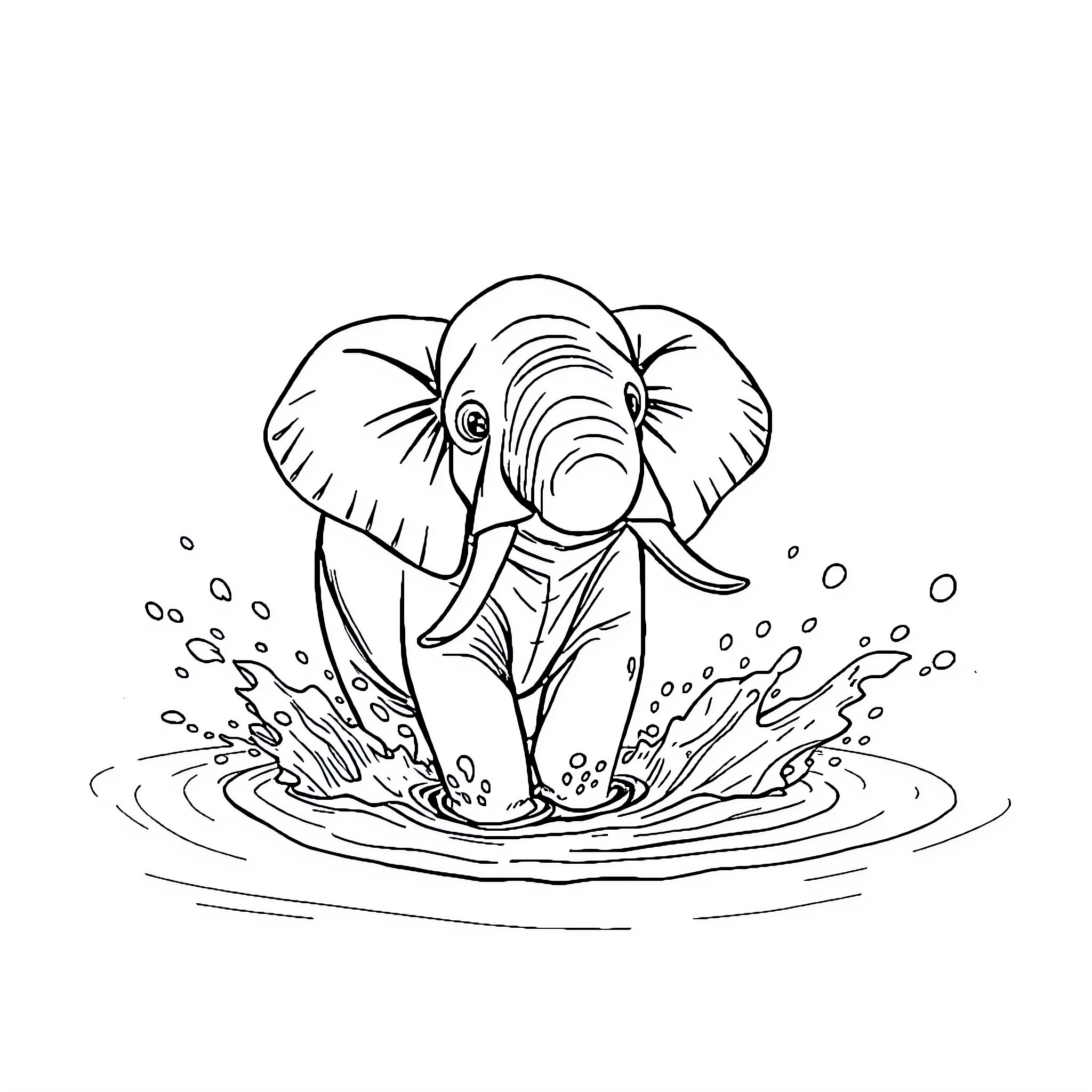 Elephant splashing joyfully in the water Coloring Page (free black-and-white line drawing printable PDF for all, from beginners to advanced learners, including children, teens, adults, and seniors)