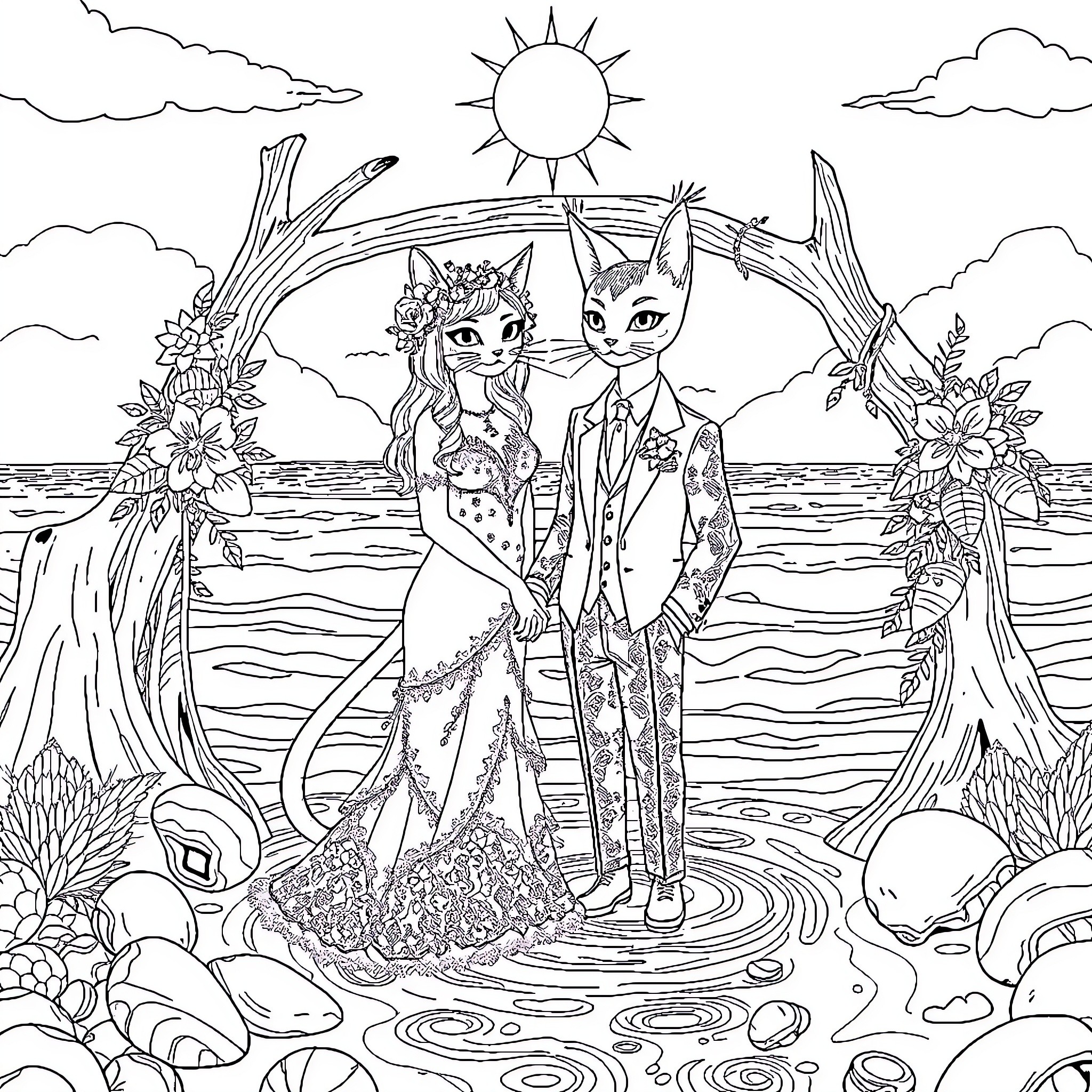 Cat couple celebrating wedding on the beach Coloring Page (free black-and-white line drawing printable PDF for all, from beginners to advanced learners, including children, teens, adults, and seniors)