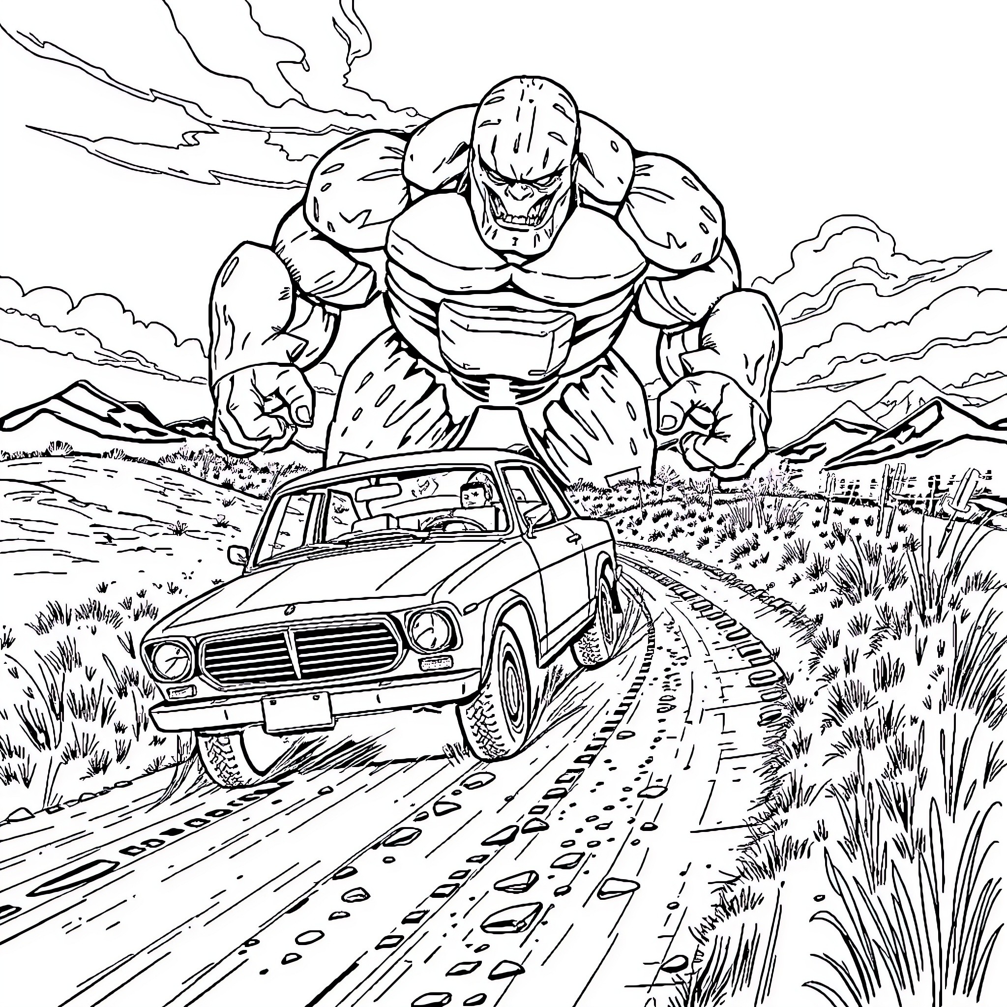 Car Chased by Powerful Creature on Dusty Road Coloring Page (free black-and-white line drawing printable PDF for all, from beginners to advanced learners, including children, teens, adults, and seniors)