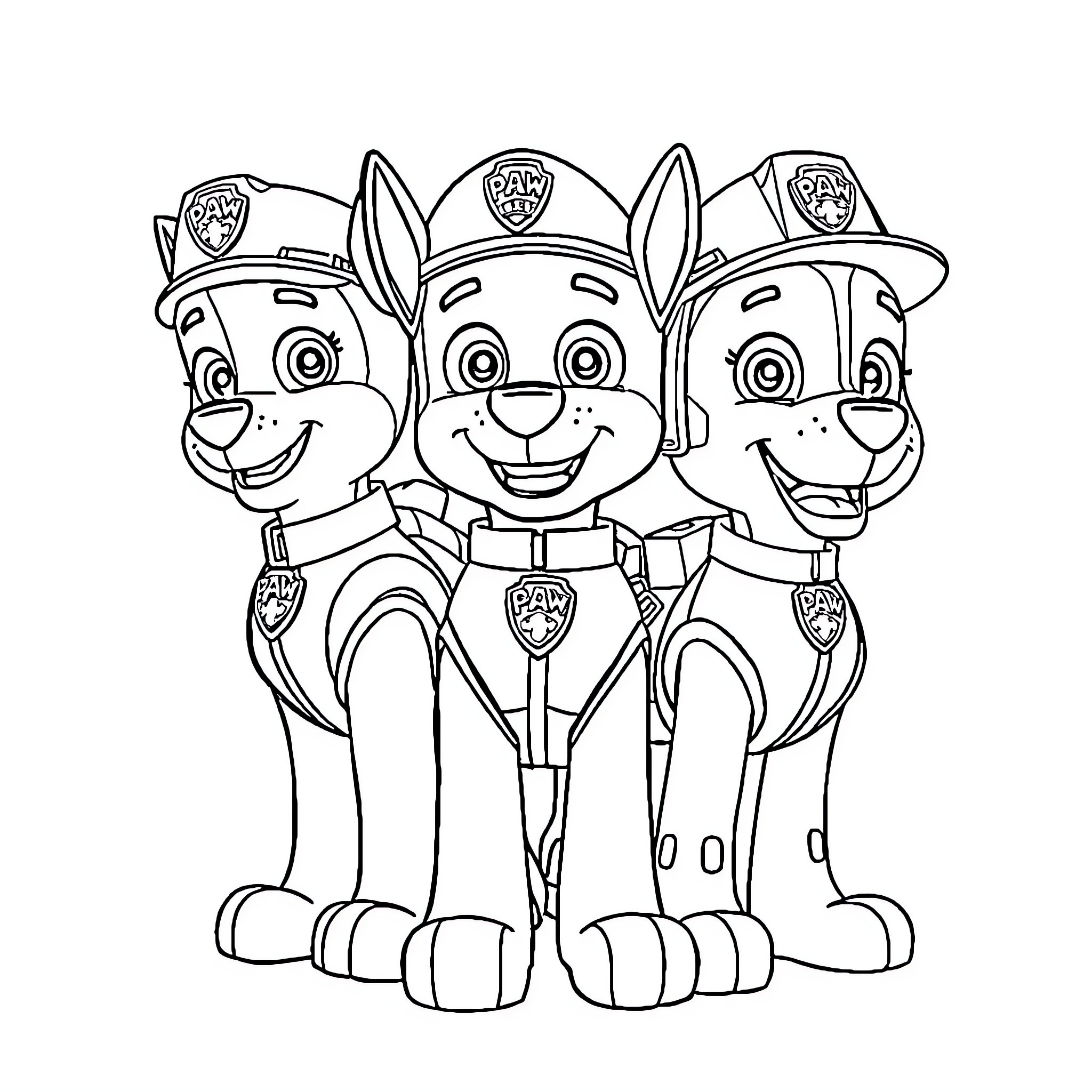 Paw Patrol Trio in Firefighter Uniforms Coloring Page (free black-and-white line drawing printable PDF for all, from beginners to advanced learners, including children, teens, adults, and seniors)