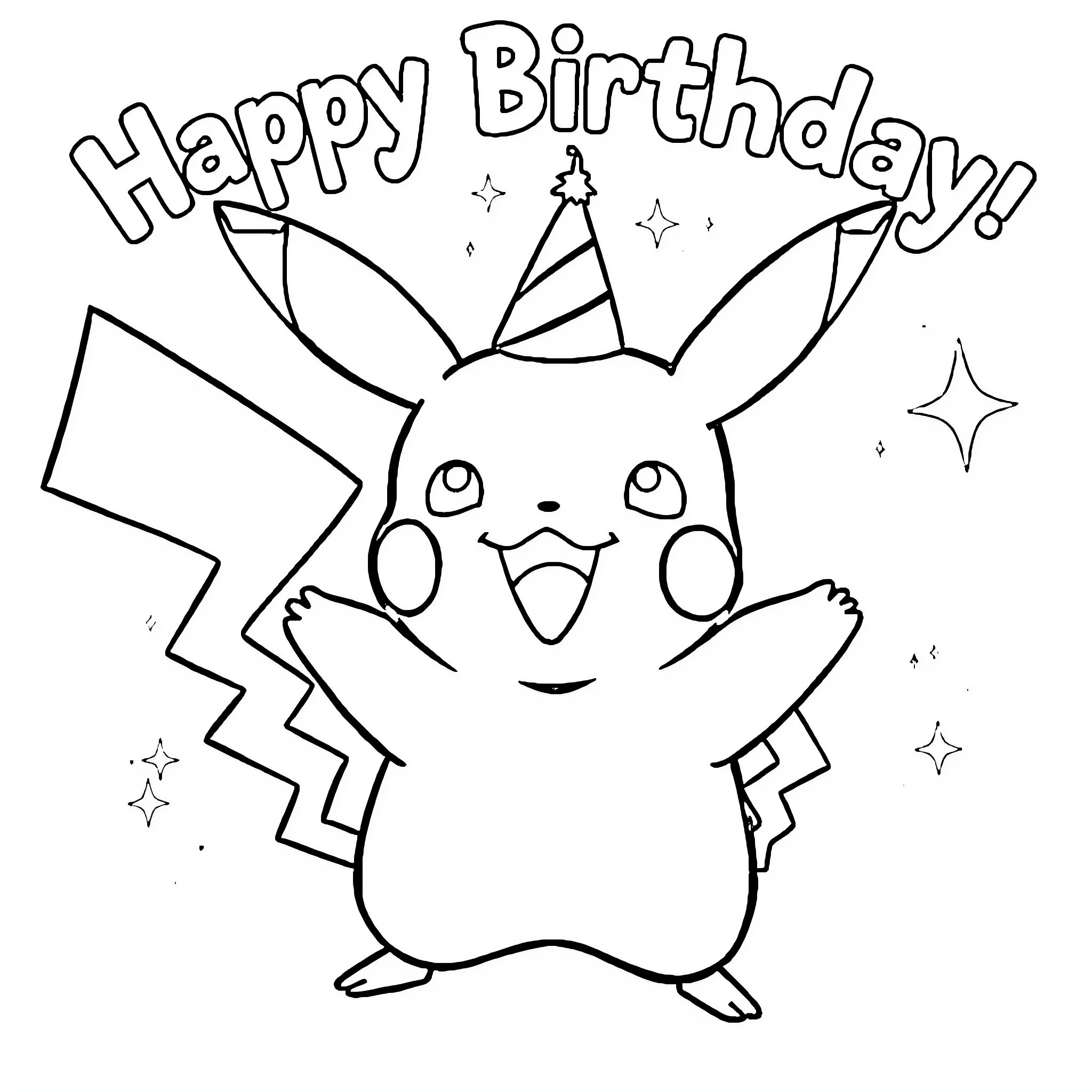 Pikachu celebrating a happy birthday Coloring Page (free black-and-white line drawing printable PDF for all, from beginners to advanced learners, including children, teens, adults, and seniors)