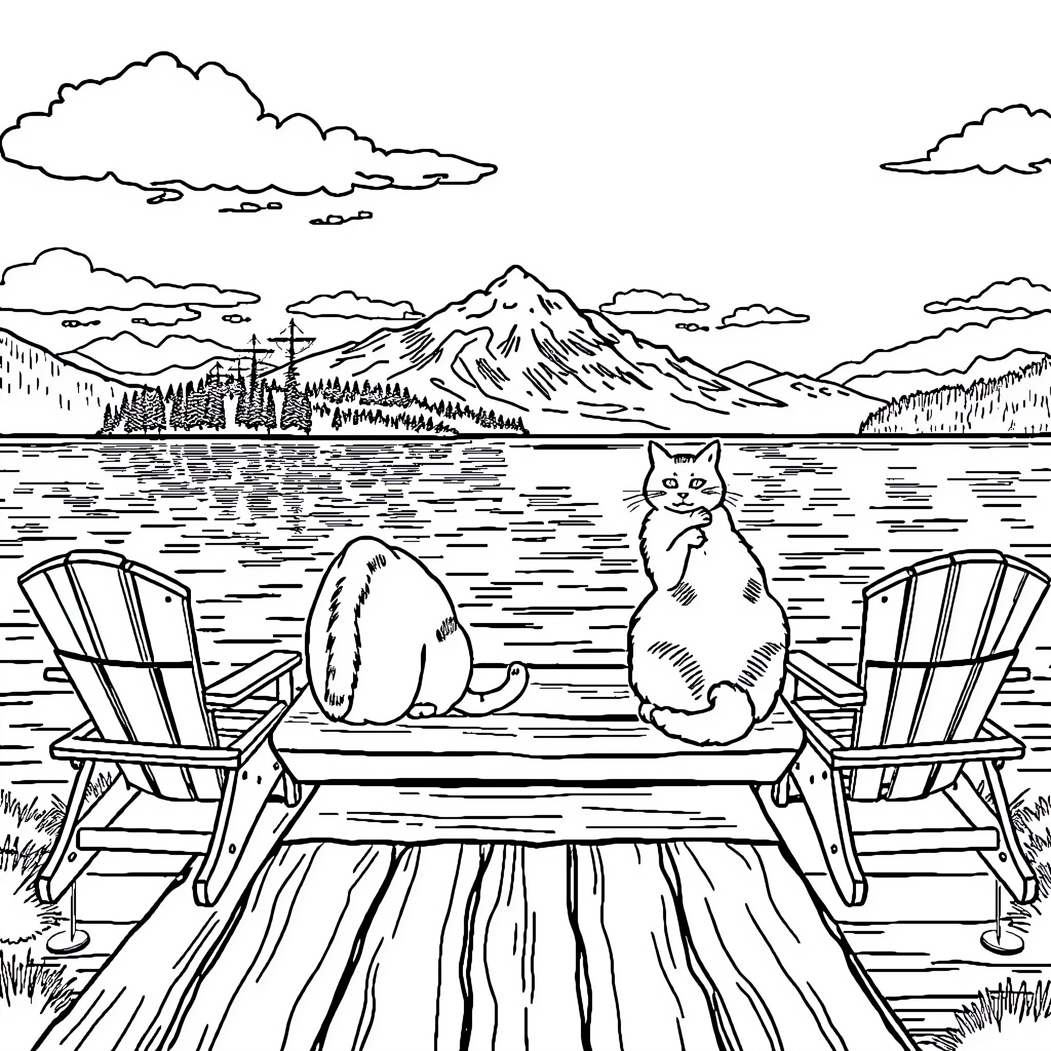 Cat relaxing on dock by scenic mountain lake Coloring Page (free black-and-white line drawing printable PDF for all, from beginners to advanced learners, including children, teens, adults, and seniors)