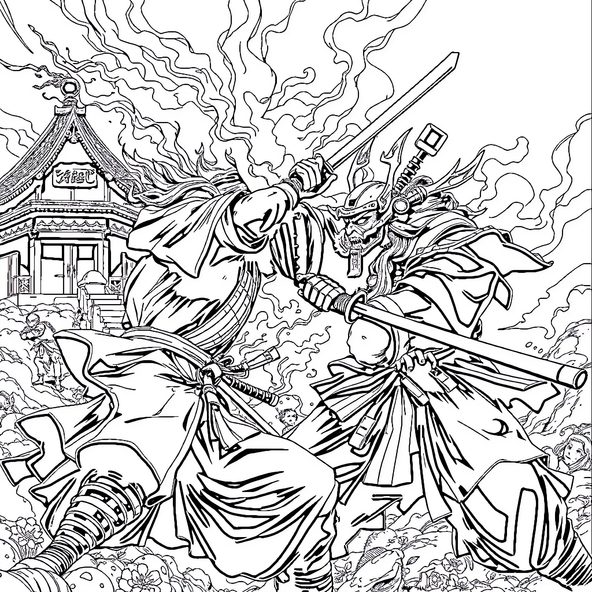 Samurai Warriors in Fierce Battle with Dramatic Poses Coloring Page (free black-and-white line drawing printable PDF for all, from beginners to advanced learners, including children, teens, adults, and seniors)
