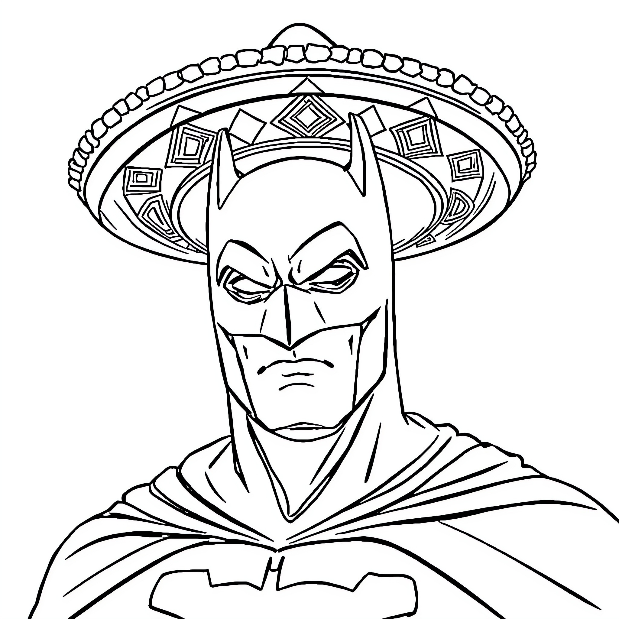 Batman wearing a decorative sombrero Coloring Page (free black-and-white line drawing printable PDF for all, from beginners to advanced learners, including children, teens, adults, and seniors)