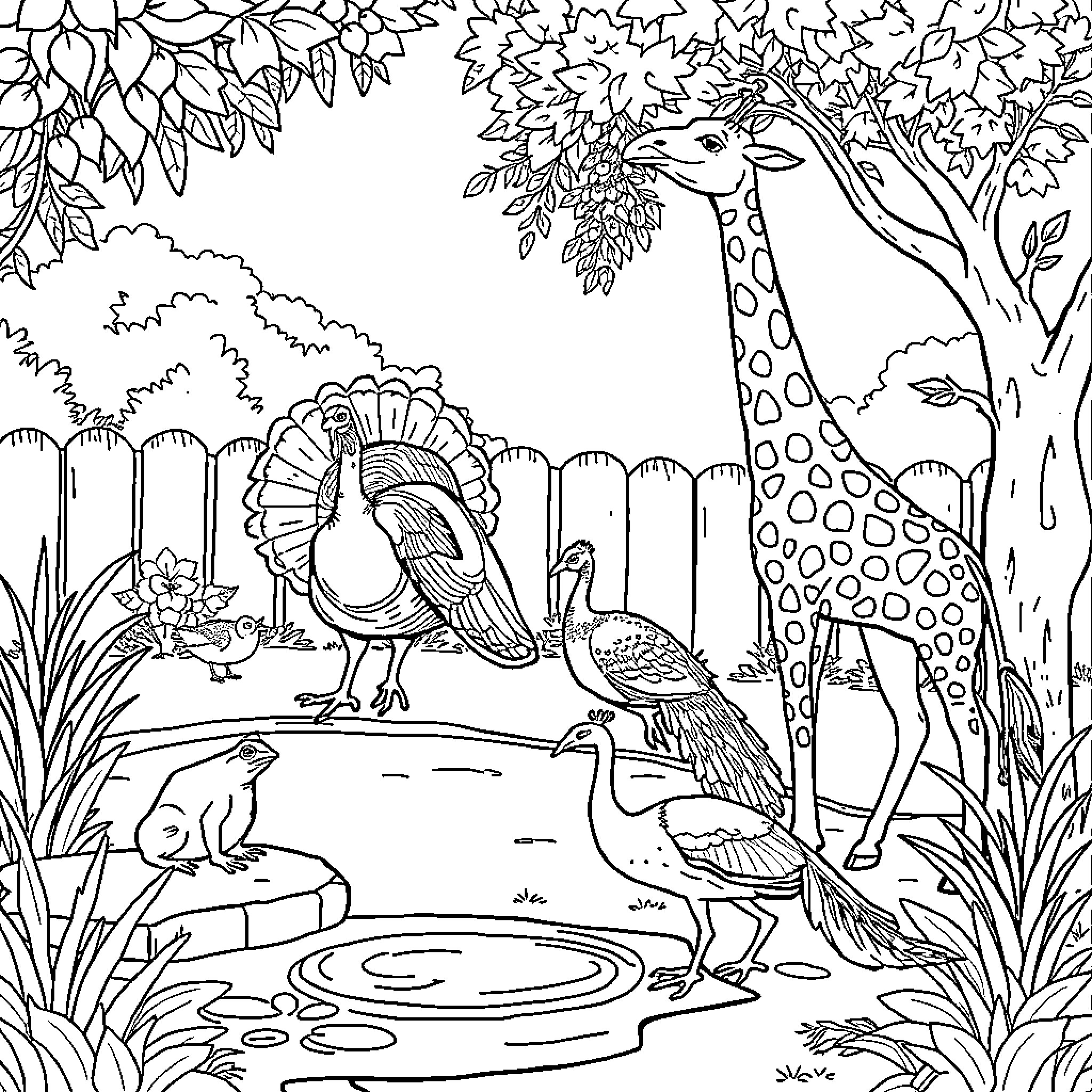 Frog, turkey, giraffe, and other animals in a serene forest scene Coloring Page (free black-and-white line drawing printable PDF for all, from beginners to advanced learners, including children, teens, adults, and seniors)