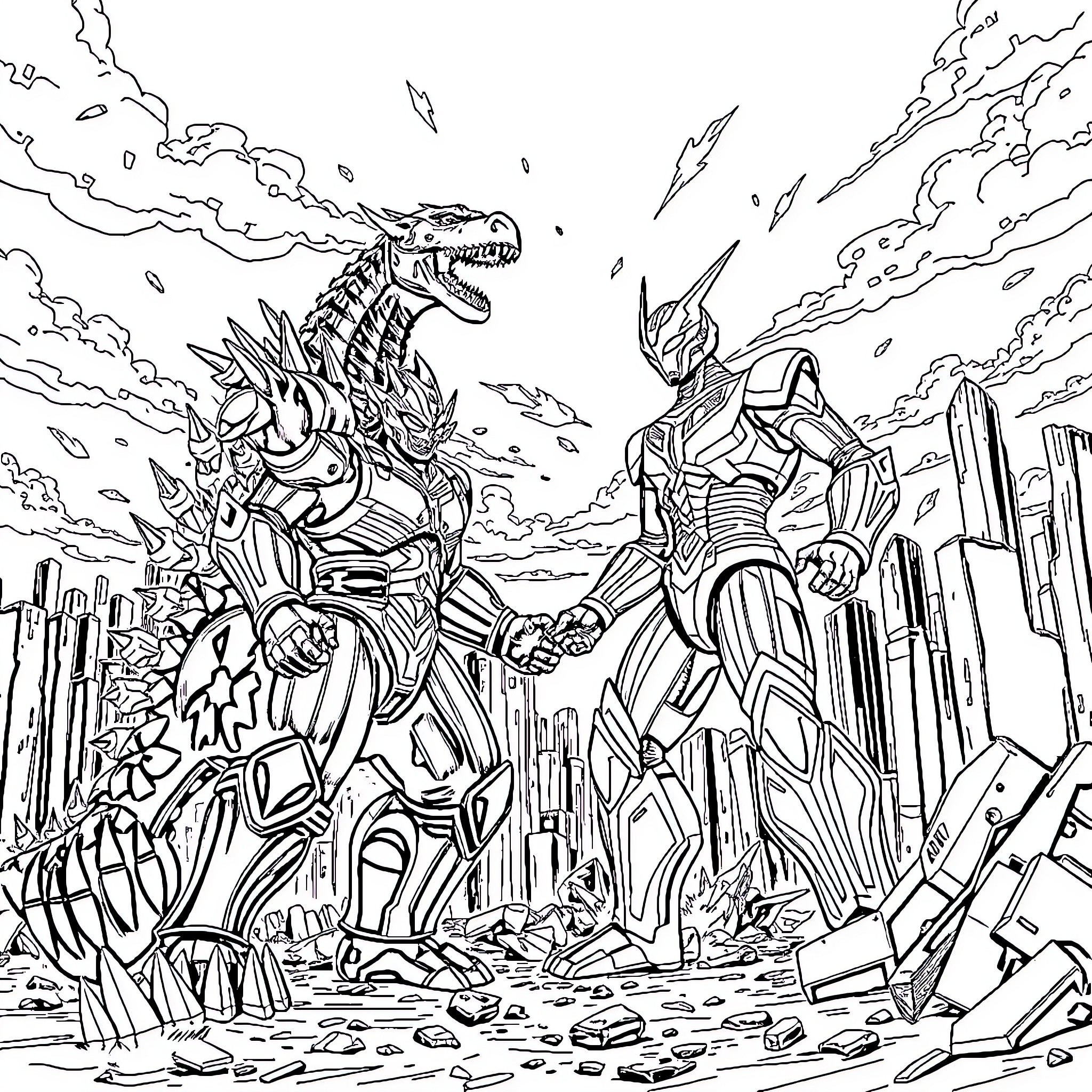 Ultraman battles ferocious monster in urban wasteland Coloring Page (free black-and-white line drawing printable PDF for all, from beginners to advanced learners, including children, teens, adults, and seniors)