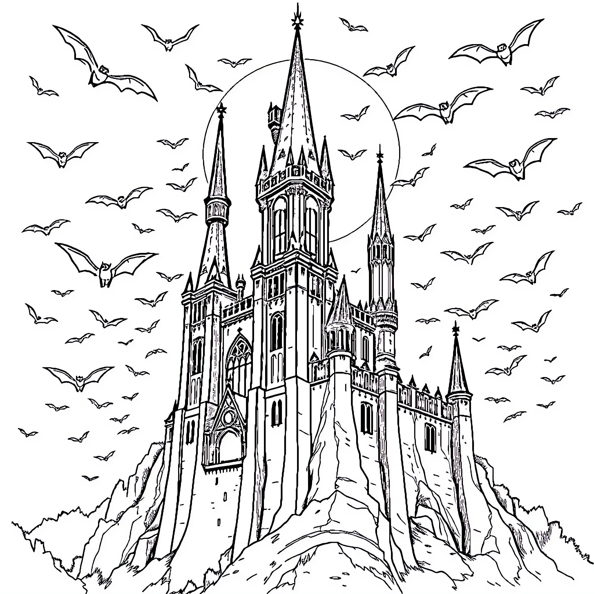 Castle Surrounded by Bats in the Night Coloring Page (free black-and-white line drawing printable PDF for all, from beginners to advanced learners, including children, teens, adults, and seniors)