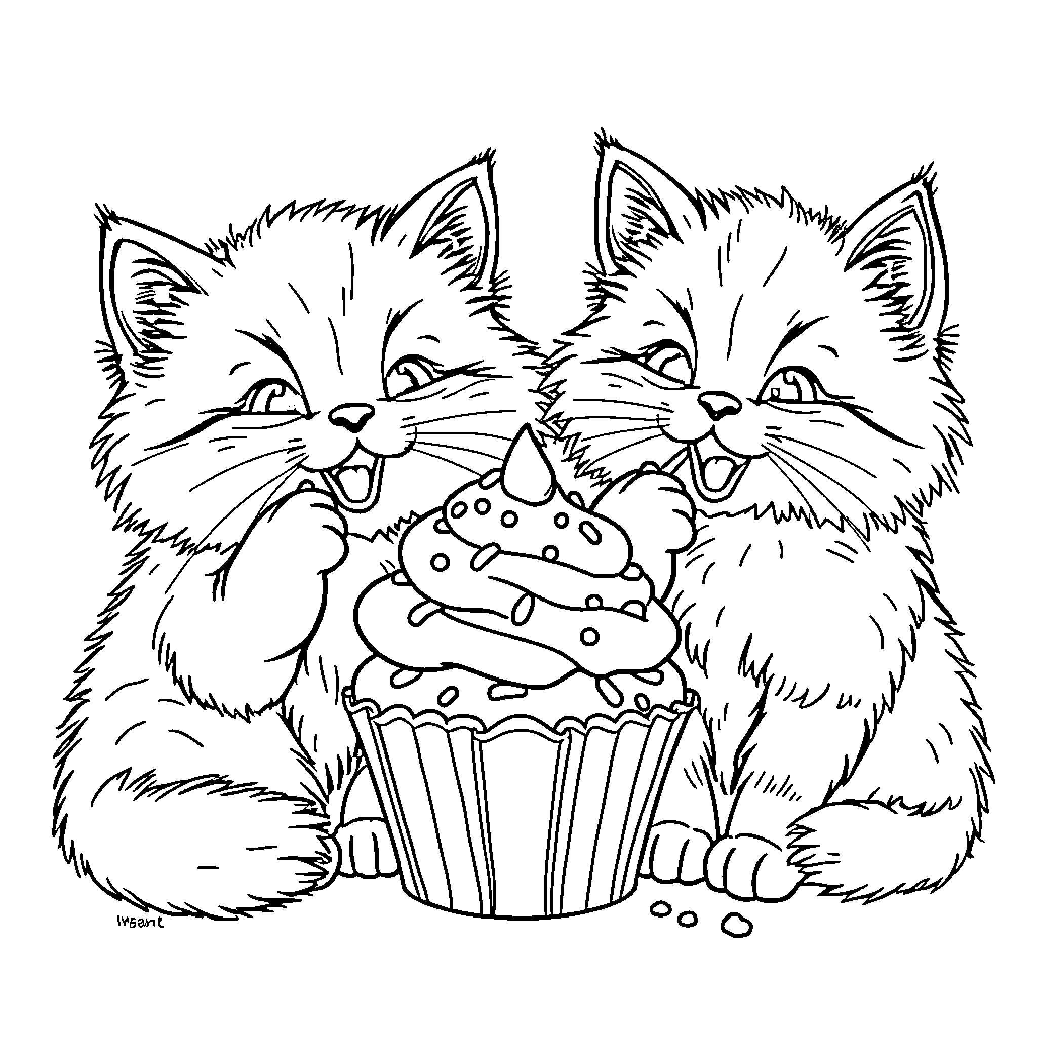 Cat kittens sharing a cupcake playfully Coloring Page (free black-and-white line drawing printable PDF for all, from beginners to advanced learners, including children, teens, adults, and seniors)