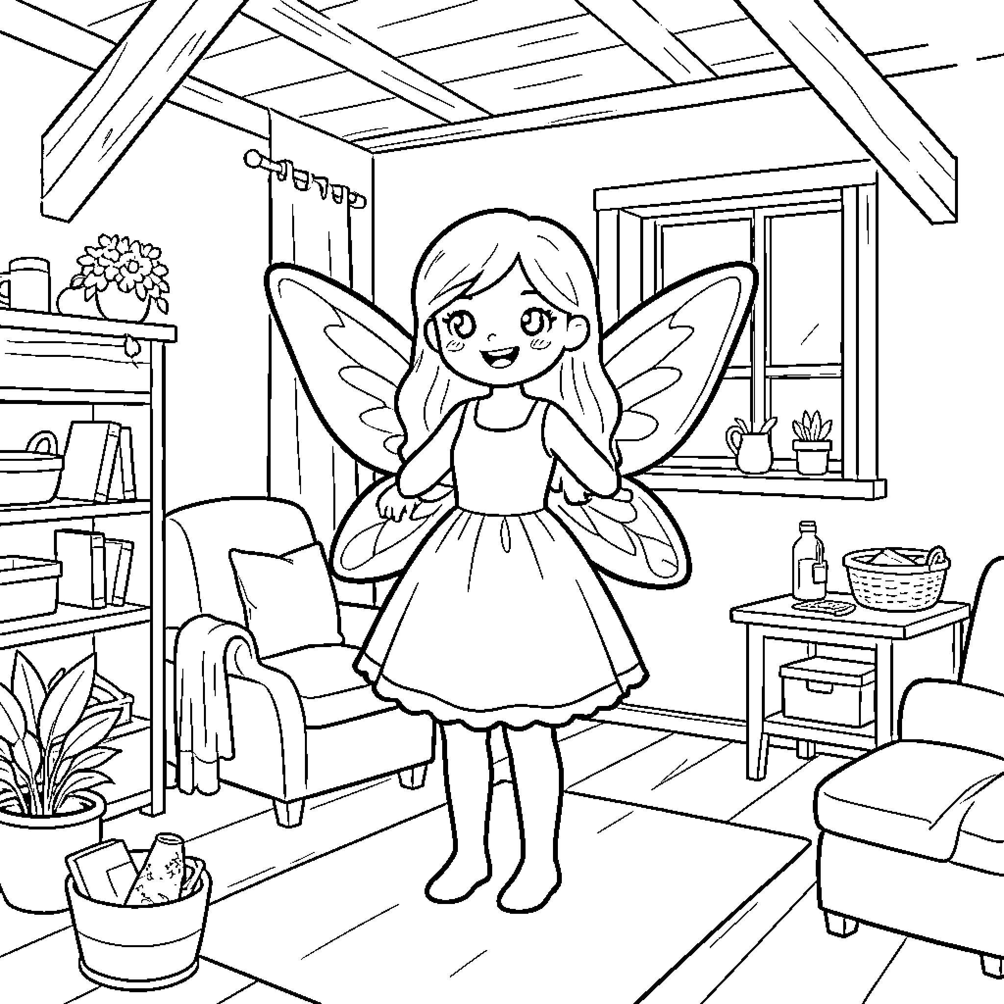 Fairy girl in a cozy cottage Coloring Page (free black-and-white line drawing printable PDF for all, from beginners to advanced learners, including children, teens, adults, and seniors)