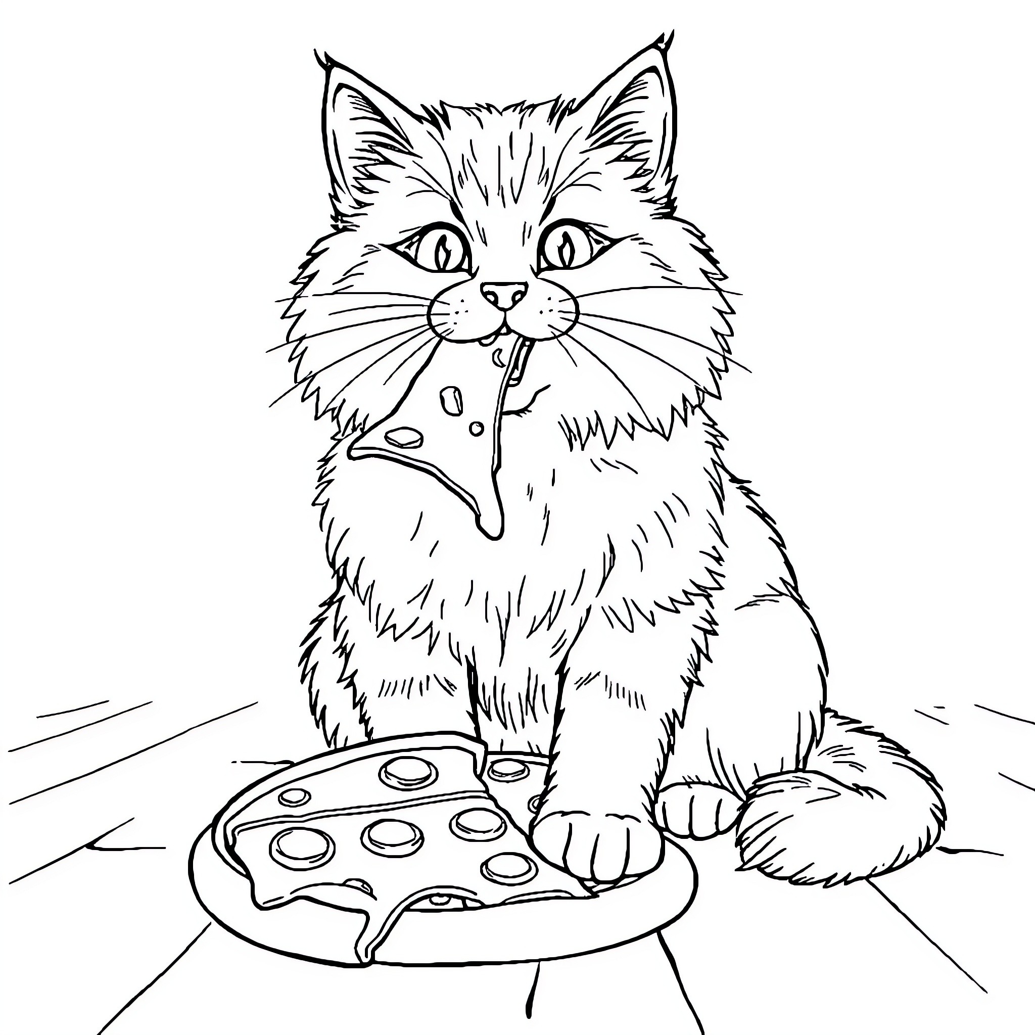 Cat enjoying a tasty snack from a plate Coloring Page (free black-and-white line drawing printable PDF for all, from beginners to advanced learners, including children, teens, adults, and seniors)