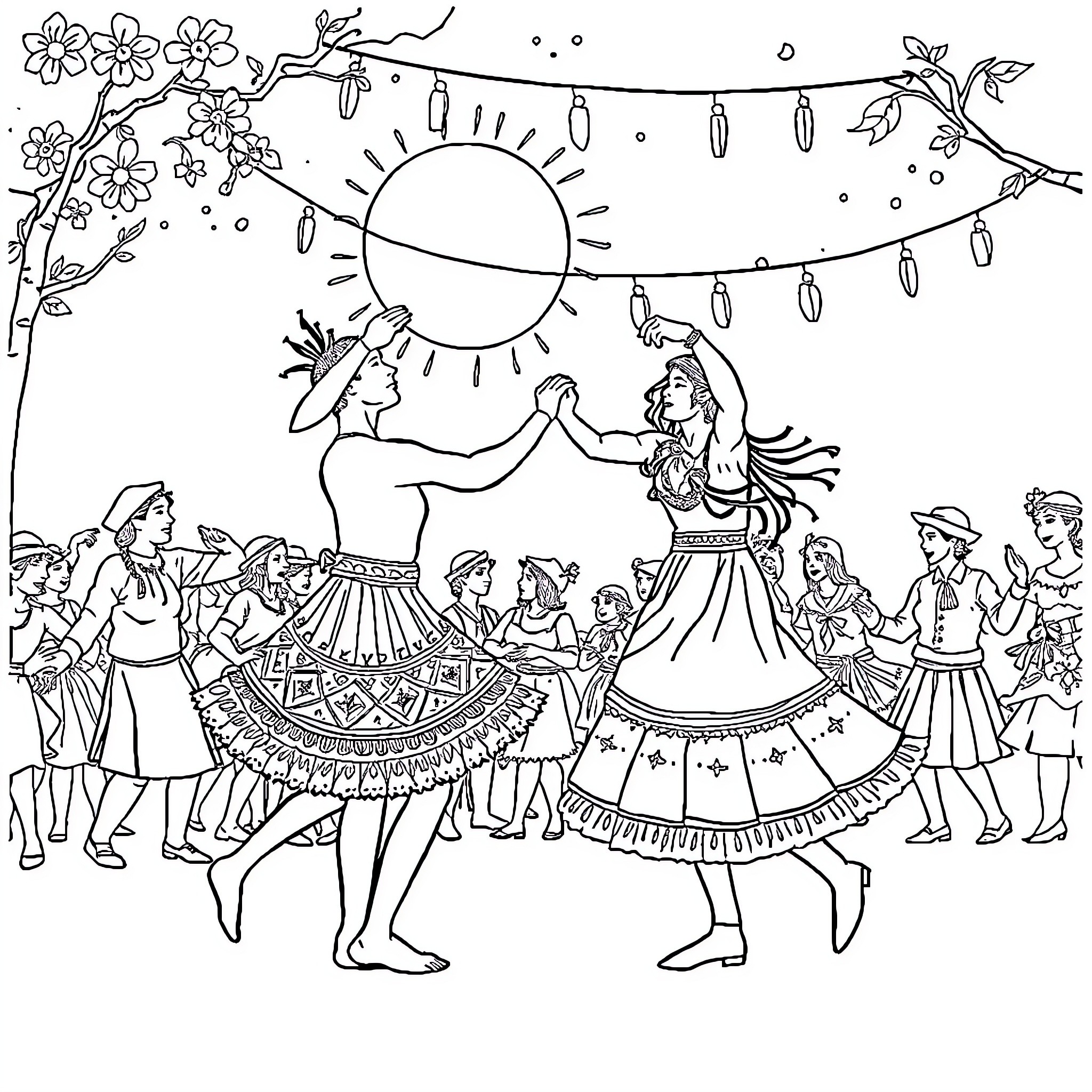 Folklore Celebration of Traditional Dance and Music Coloring Page (free black-and-white line drawing printable PDF for all, from beginners to advanced learners, including children, teens, adults, and seniors)