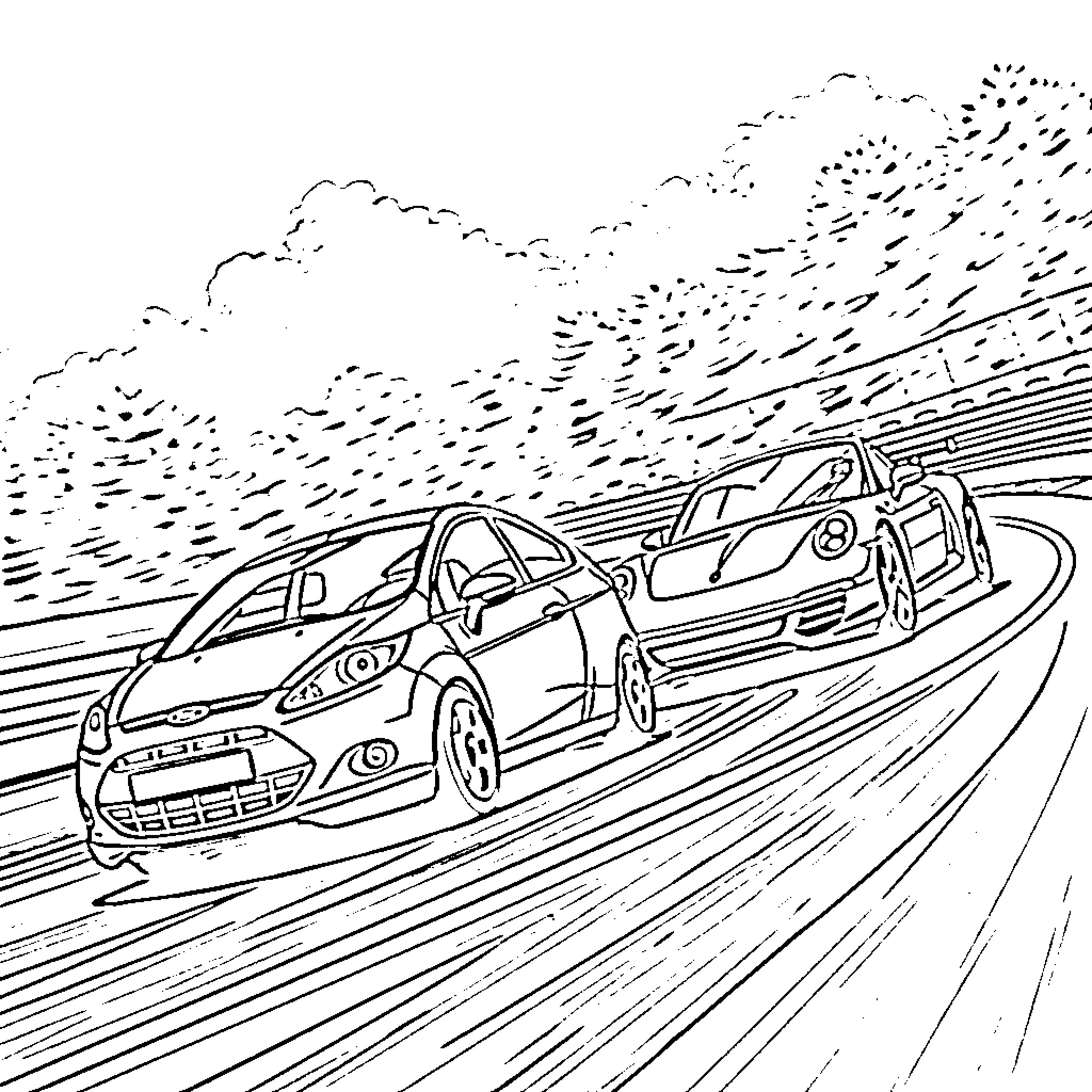 Car Racing on the Highway at High Speed Coloring Page (free black-and-white line drawing printable PDF for all, from beginners to advanced learners, including children, teens, adults, and seniors)