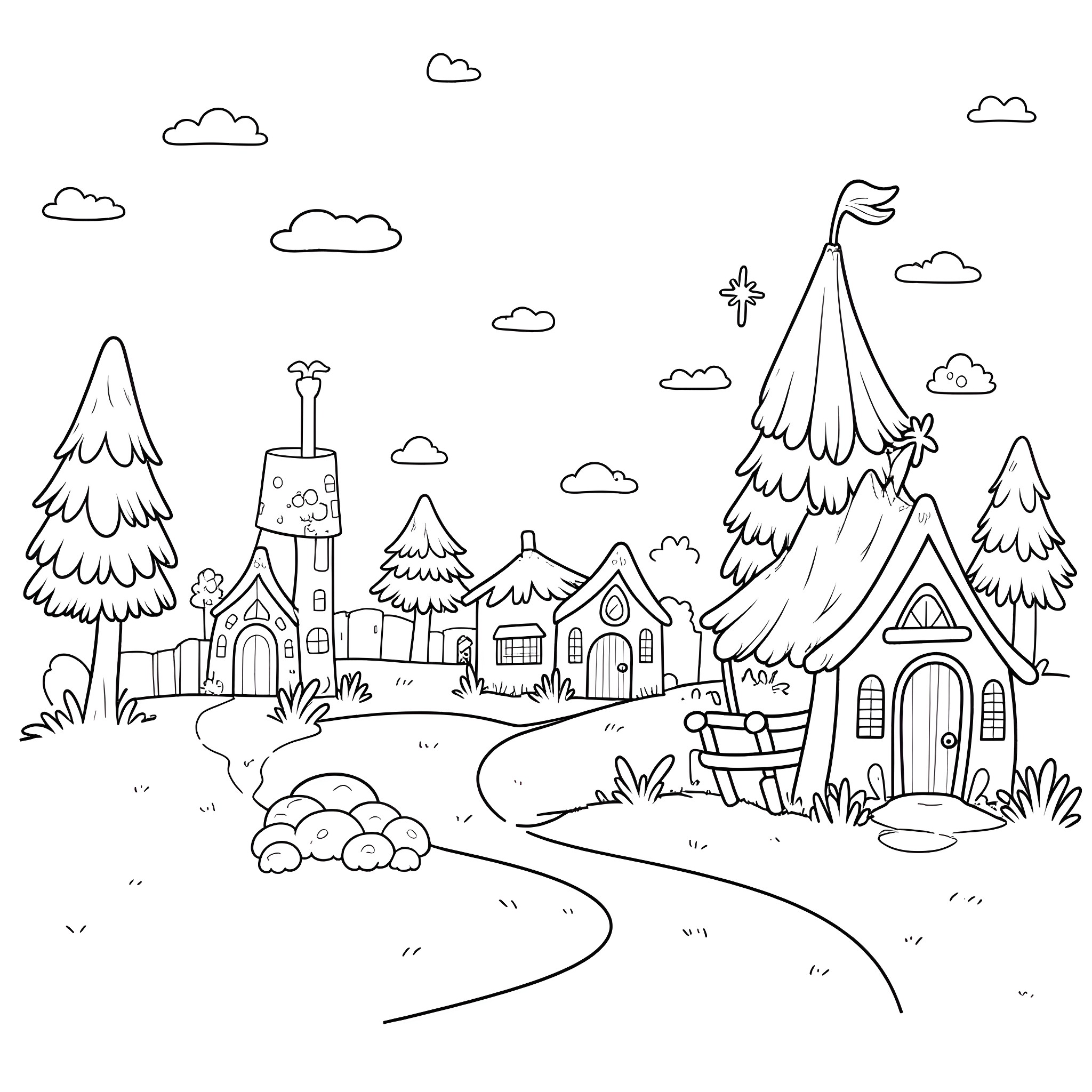 Fairy Village in the Mountains Coloring Page (free black-and-white line drawing printable PDF for all, from beginners to advanced learners, including children, teens, adults, and seniors)