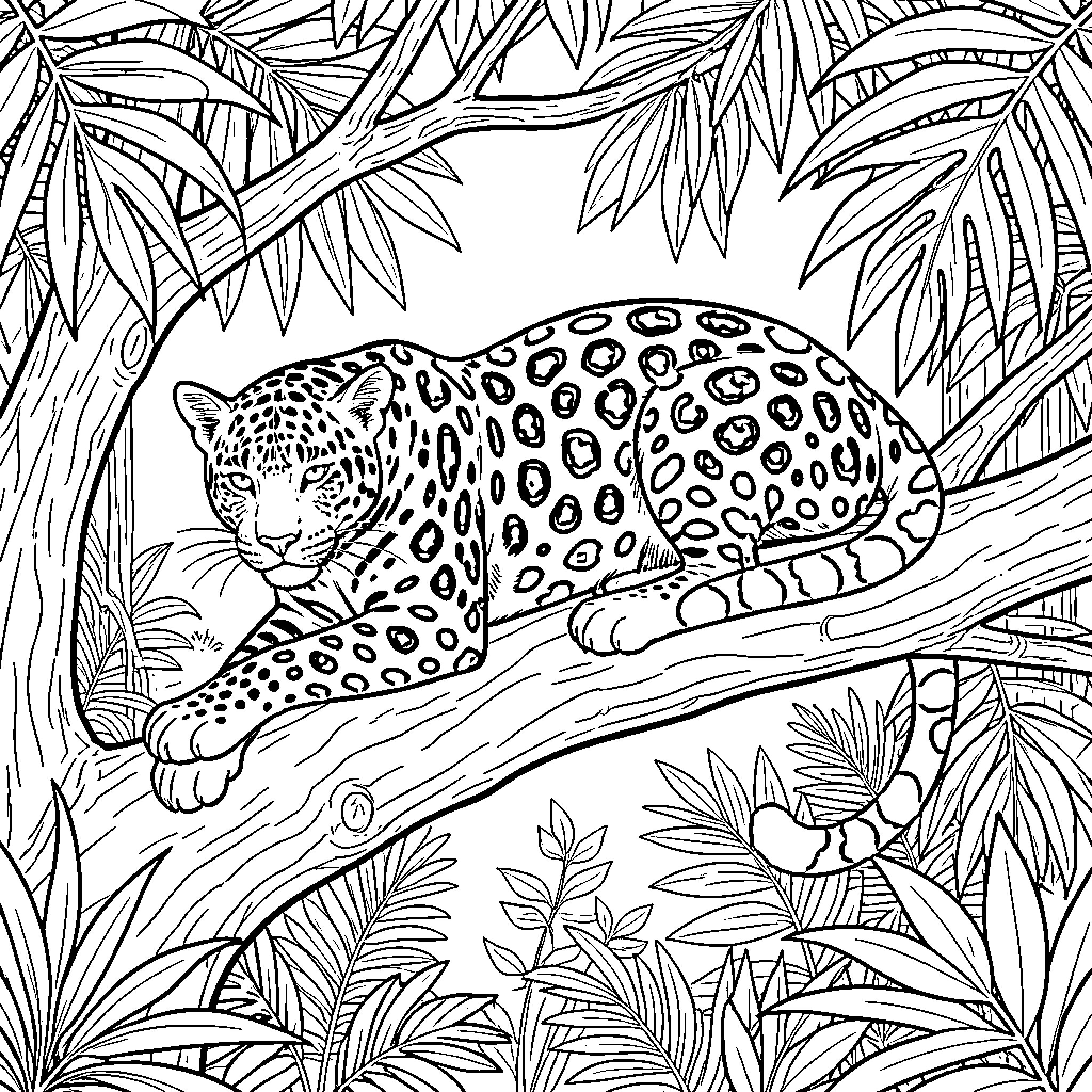 Jaguar resting peacefully on a jungle tree branch Coloring Page (free black-and-white line drawing printable PDF for all, from beginners to advanced learners, including children, teens, adults, and seniors)