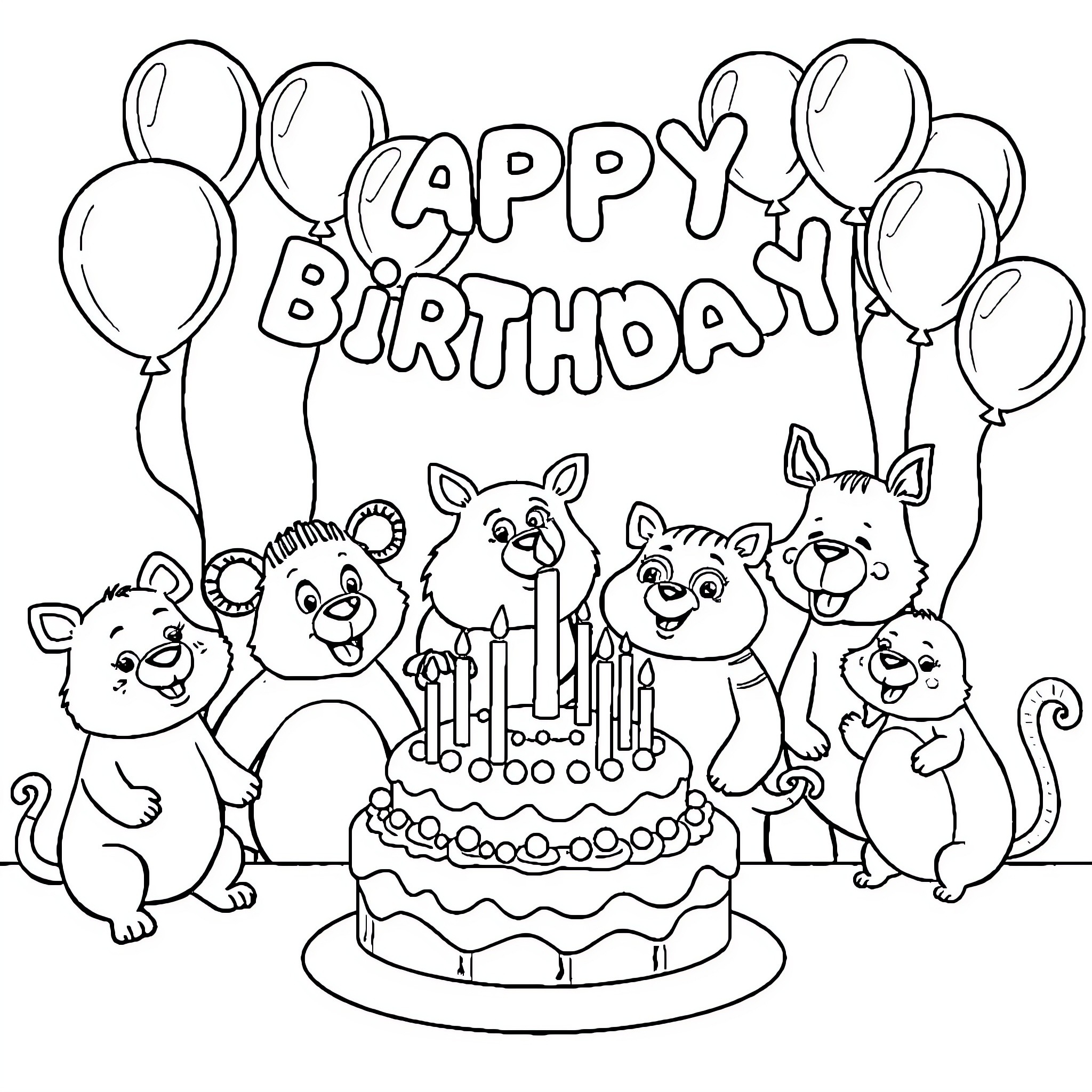 Animal characters celebrating a happy birthday party Coloring Page (free black-and-white line drawing printable PDF for all, from beginners to advanced learners, including children, teens, adults, and seniors)