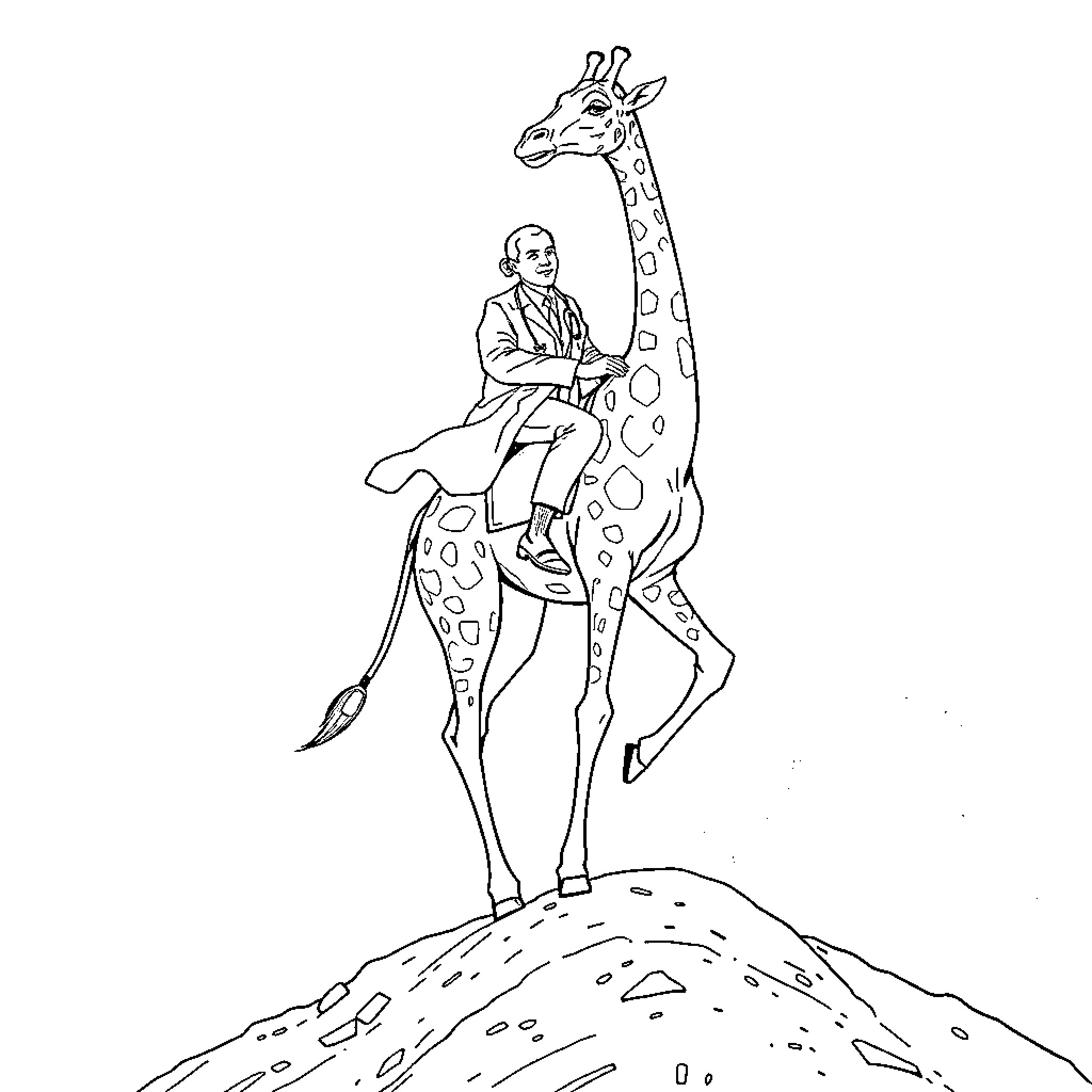 Doctor Examines Giraffe in Nature Coloring Page (free black-and-white line drawing printable PDF for all, from beginners to advanced learners, including children, teens, adults, and seniors)