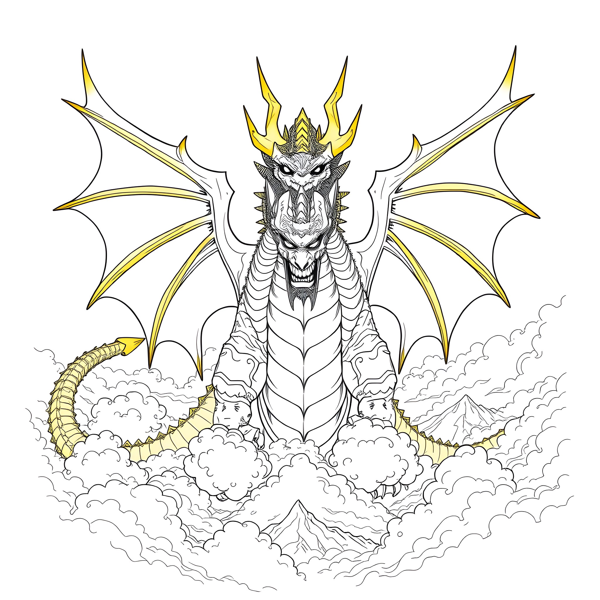King Ghidorah emerging from clouds with fierce expression Coloring Page (free black-and-white line drawing printable PDF for all, from beginners to advanced learners, including children, teens, adults, and seniors)