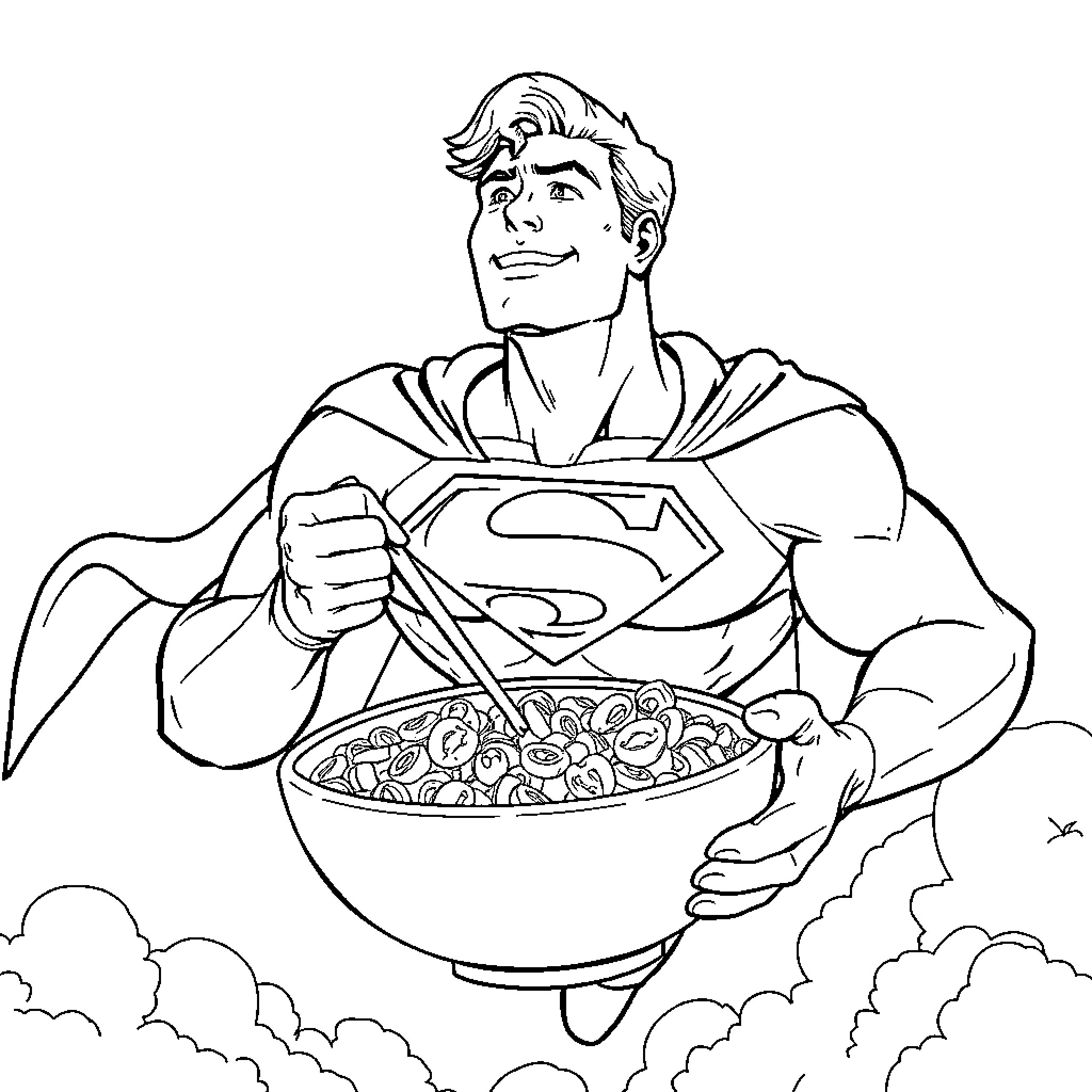 Superman enjoying a hearty meal above the clouds Coloring Page (free black-and-white line drawing printable PDF for all, from beginners to advanced learners, including children, teens, adults, and seniors)