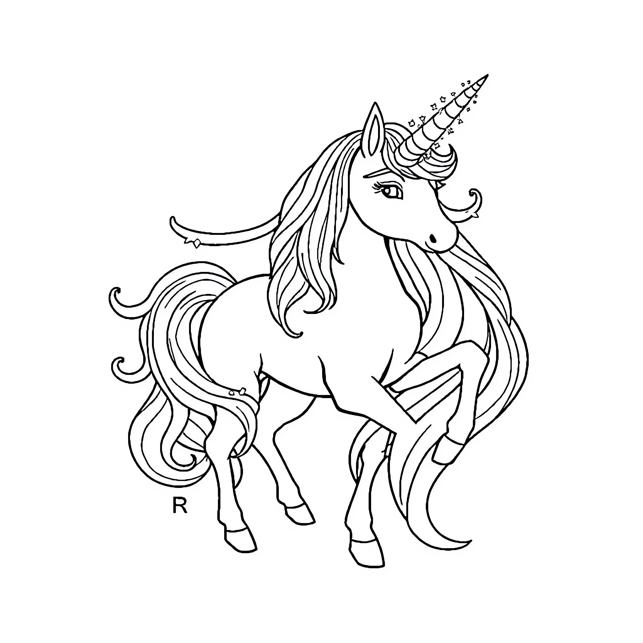 Unicorn standing with flowing mane and horn Coloring Page (free black-and-white line drawing printable PDF for all, from beginners to advanced learners, including children, teens, adults, and seniors)